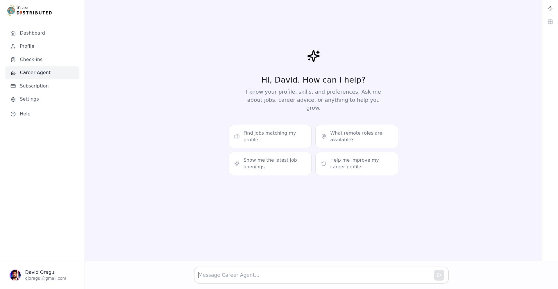 Career Agent sidebar showing view switcher buttons for Chat History, Workflows, Actions Library, and Apps