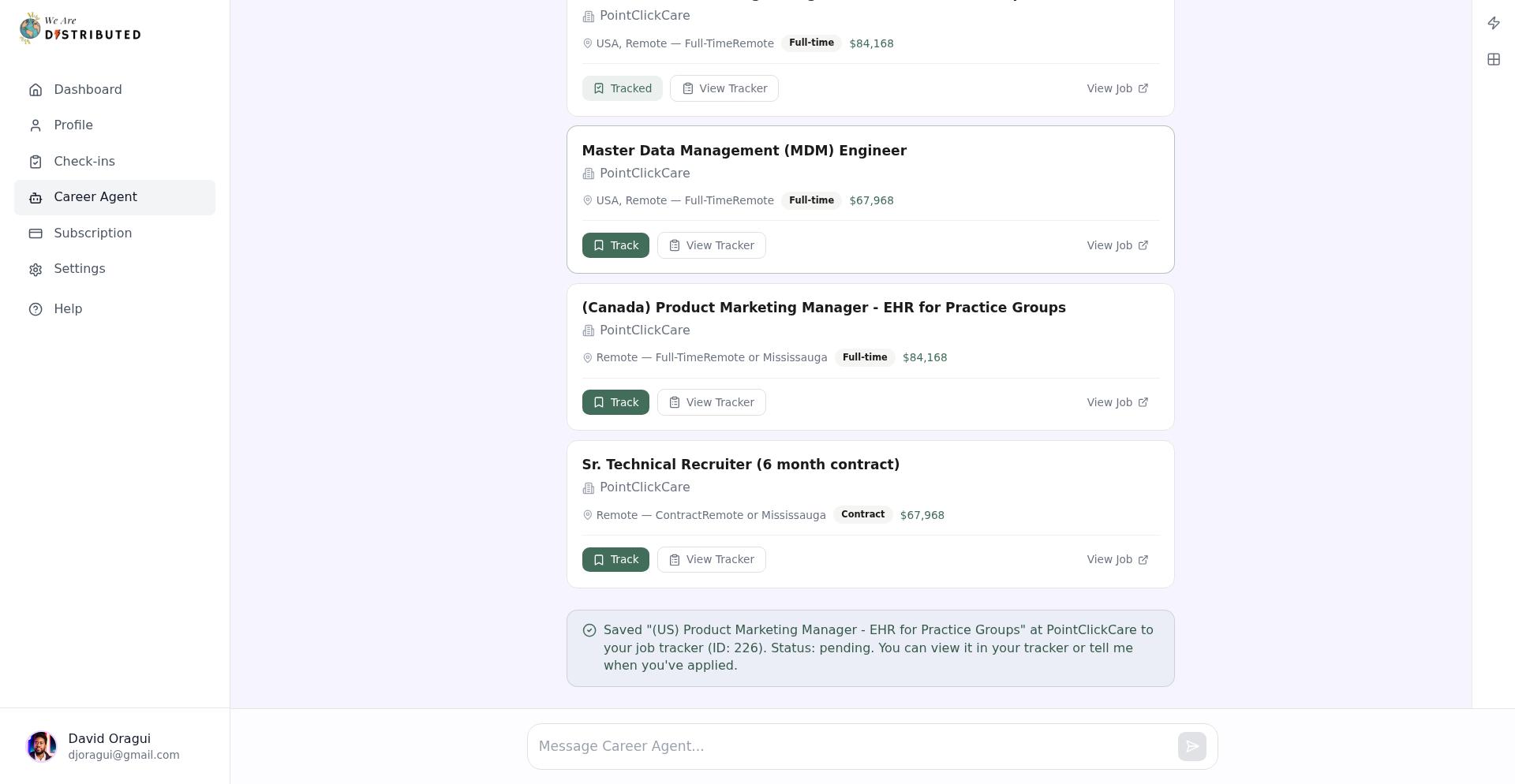 Confirmation message showing job saved to tracker with pending status
