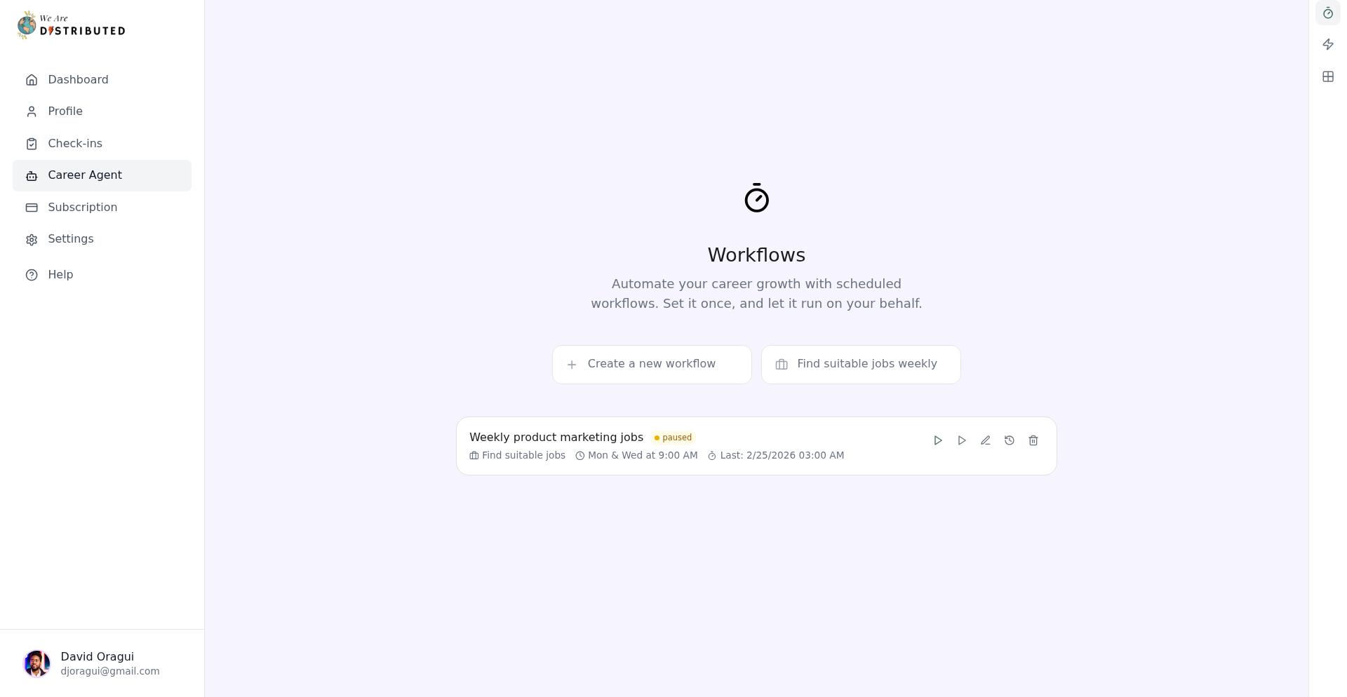 Workflows view active in the Career Agent sidebar
