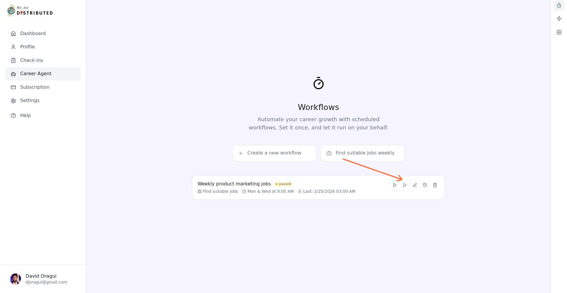 Workflow history icon button to view past execution logs