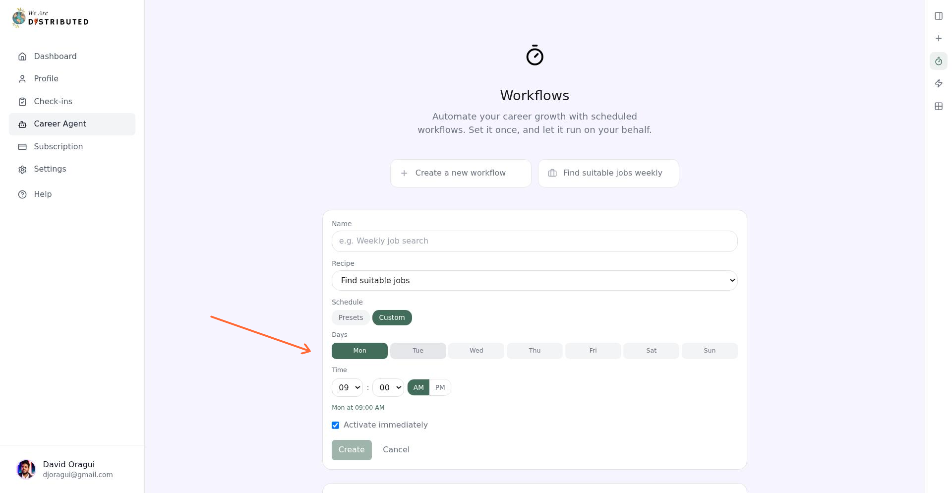 Custom cron schedule builder showing day buttons, hour and minute dropdowns, and AM/PM toggle