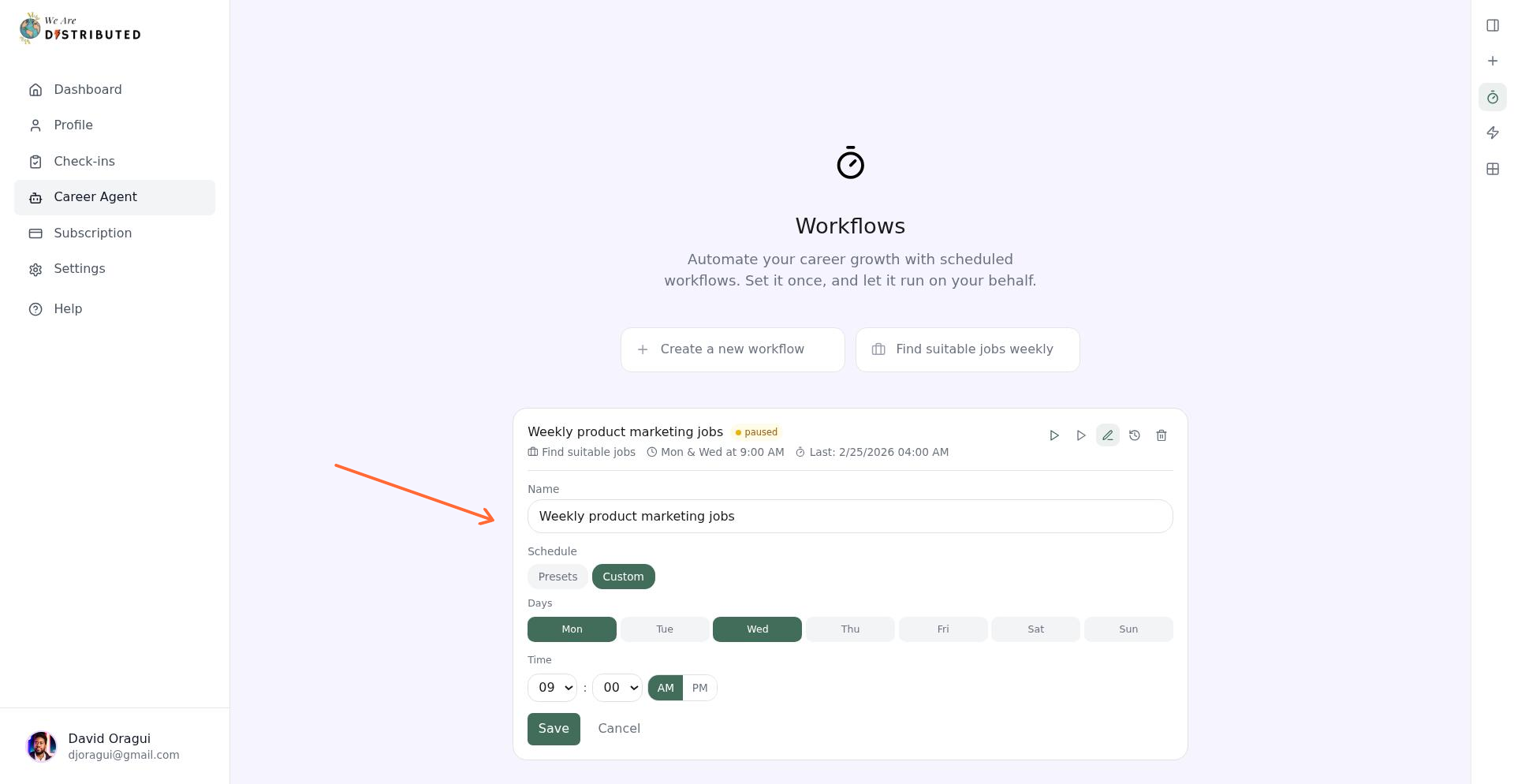 Workflow editor showing Name field and Schedule options