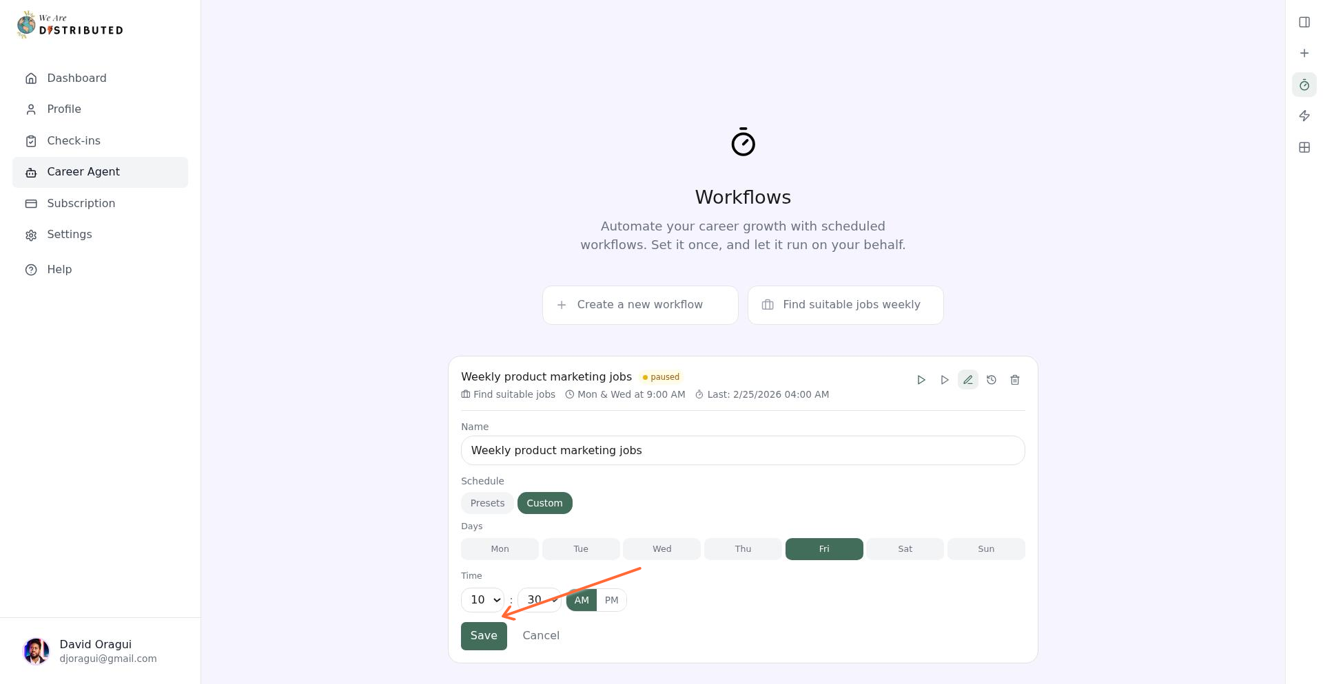 Save and Cancel buttons at the bottom of the workflow editor