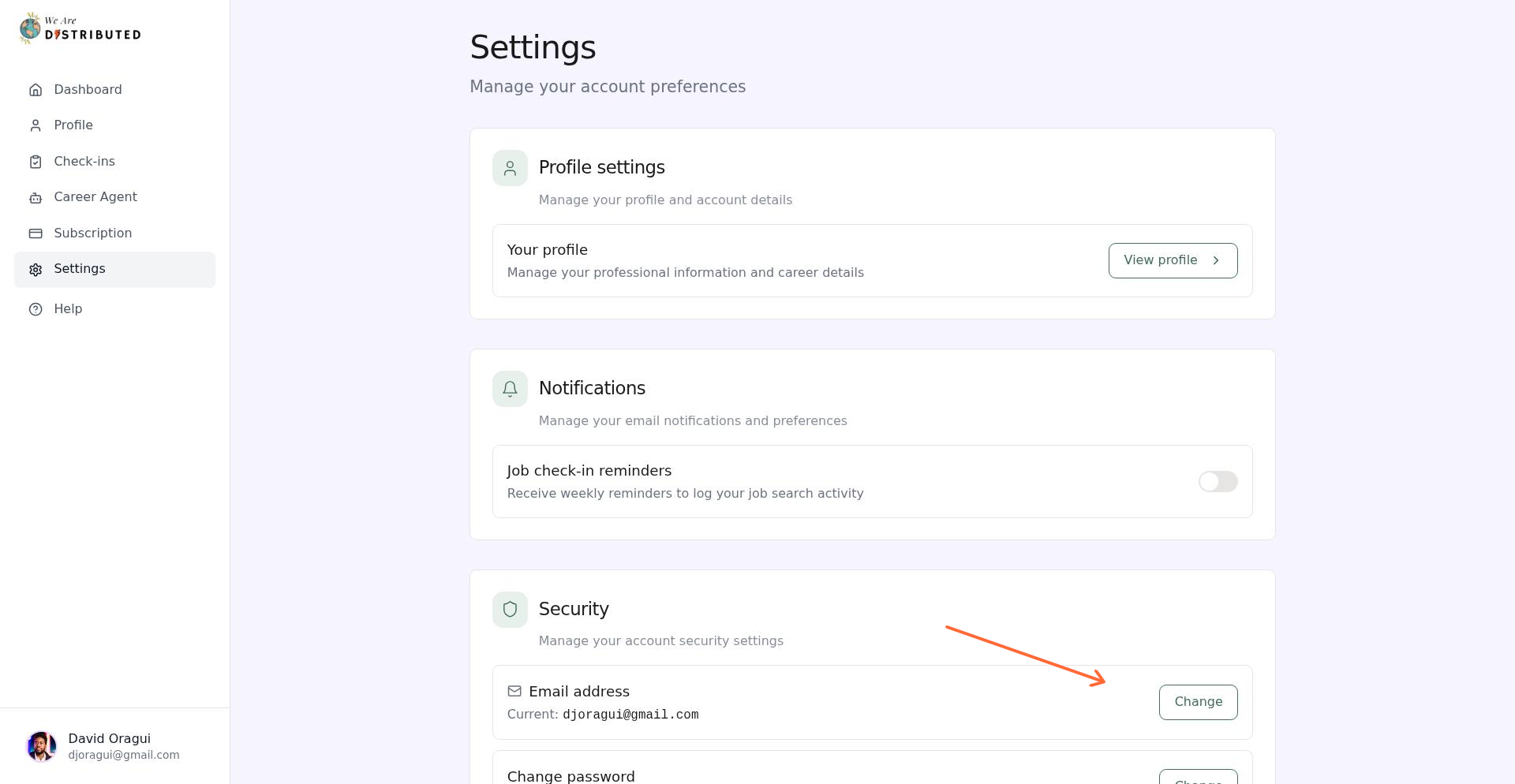 Security card showing the Change button next to email address