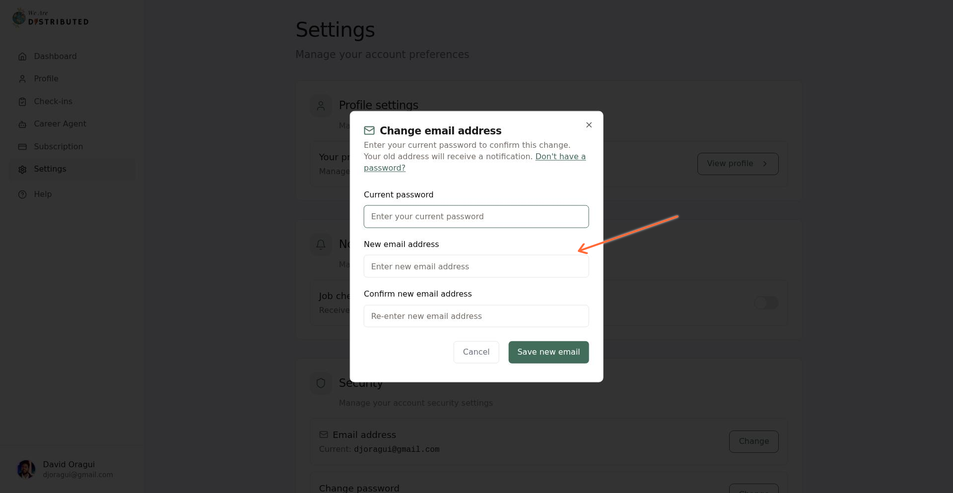 Change email address modal with three required fields