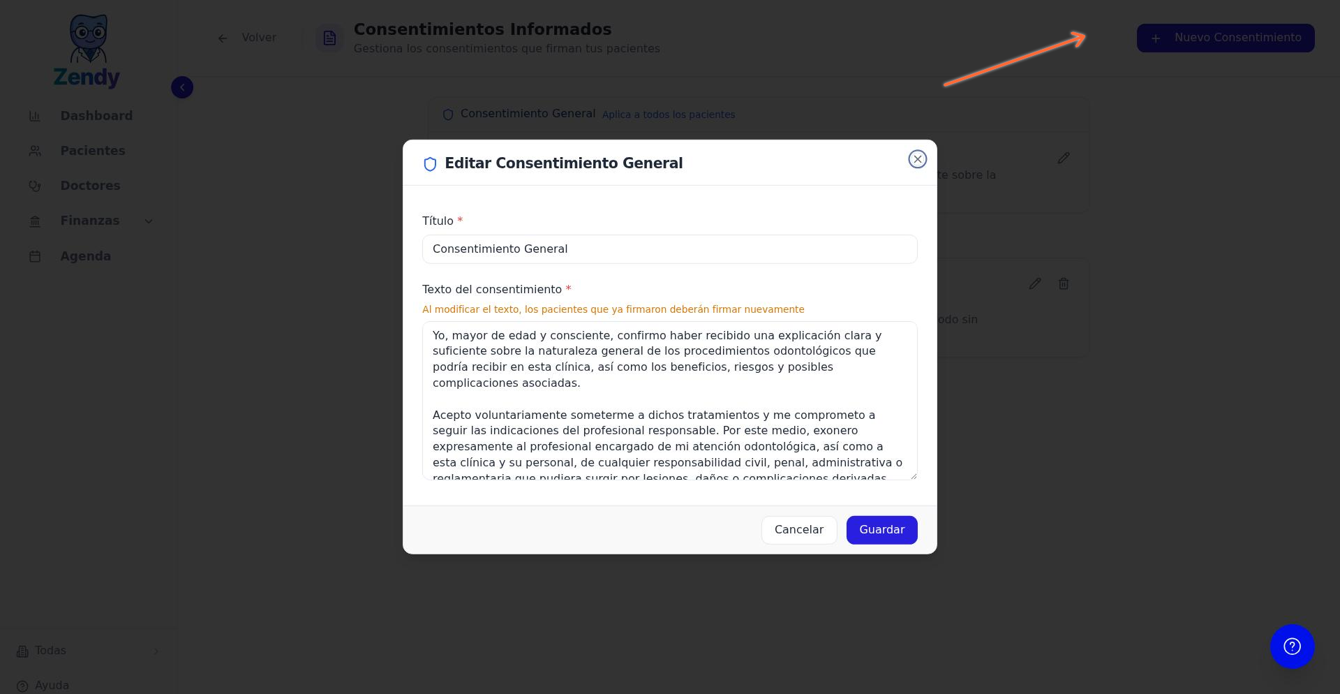Botón para crear un nuevo consentimiento por tratamiento