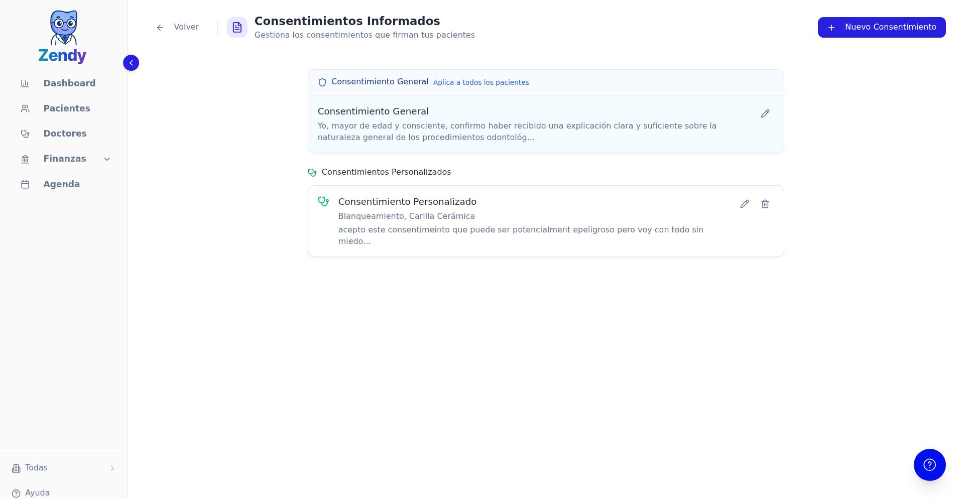 Formulario de creación de consentimiento por tratamiento con selector de procedimientos