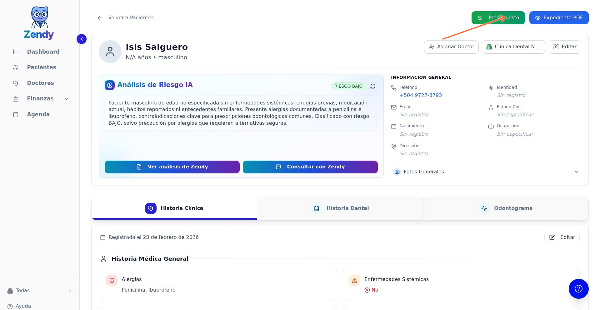 Botón Expediente PDF en el expediente del paciente