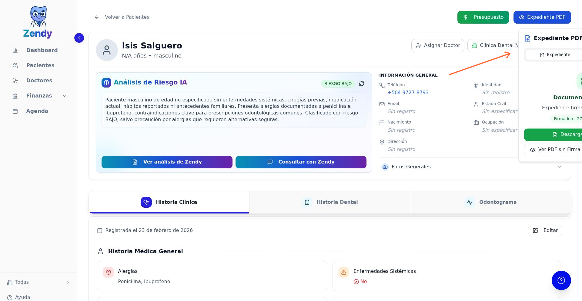 Ventana emergente con pestañas Expediente y Consentimientos