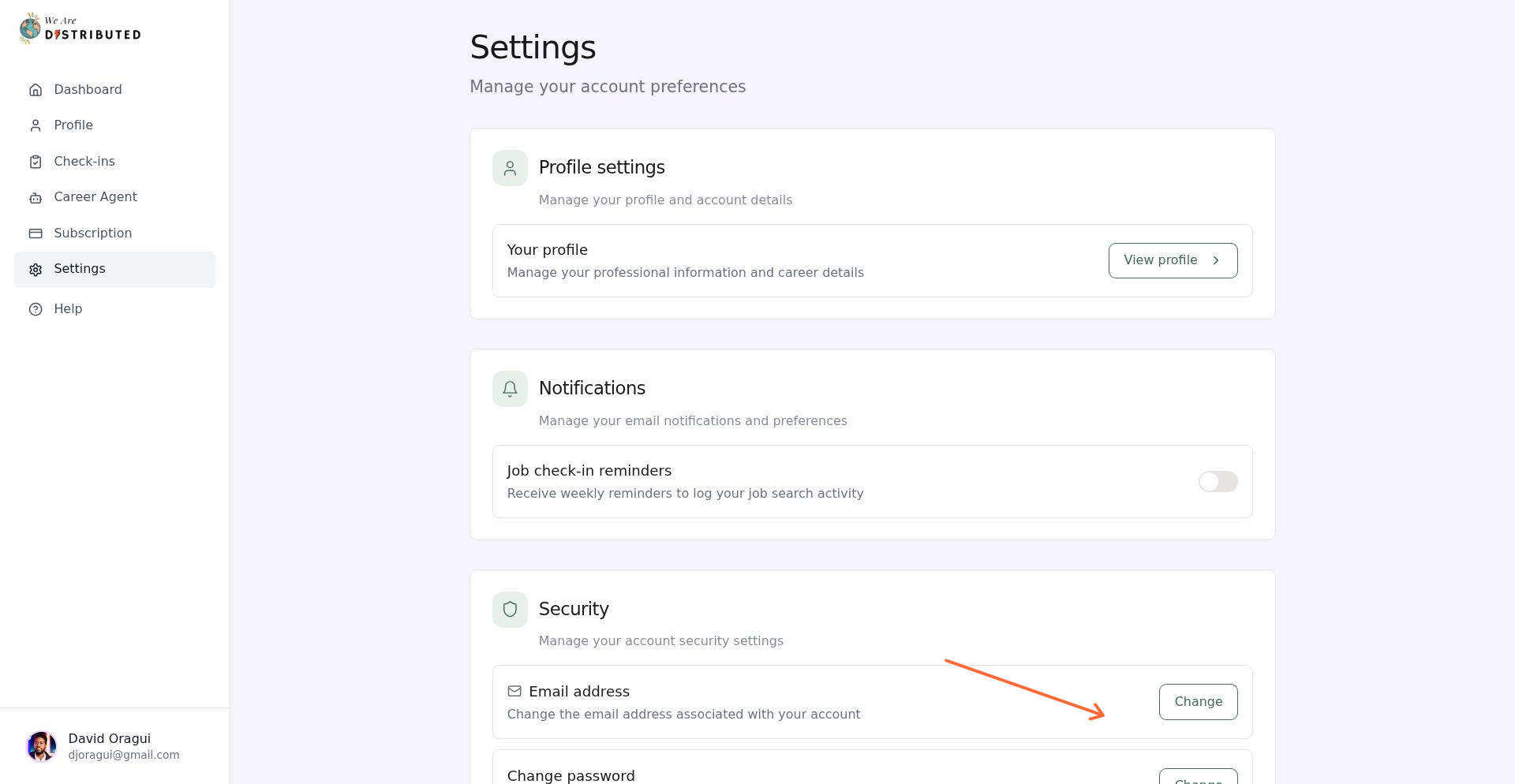 Account settings security card showing email and password change buttons