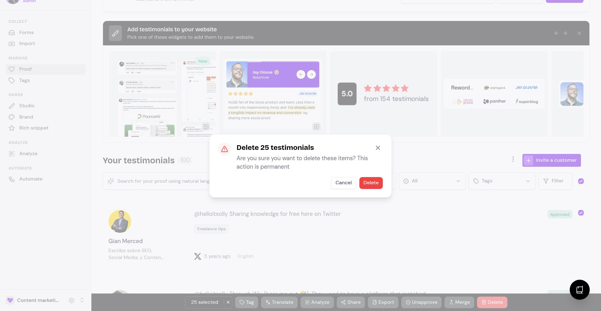Delete confirmation dialog warning that the action is permanent