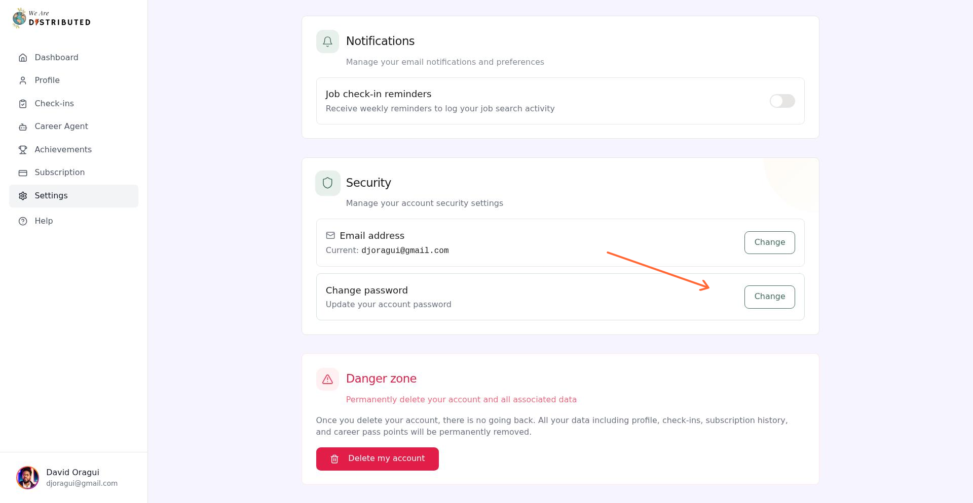 Security section with Change password option