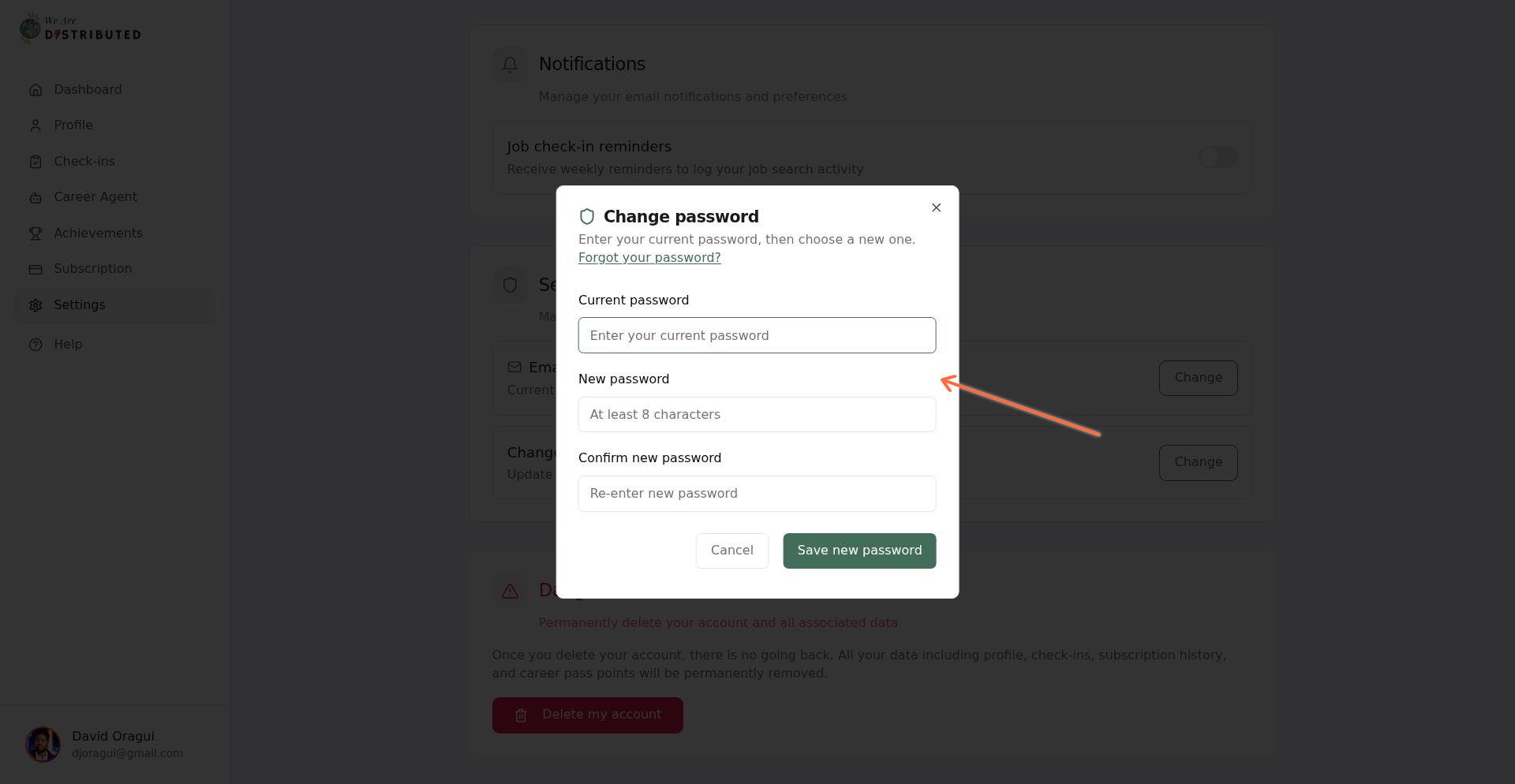 Change password modal with form fields