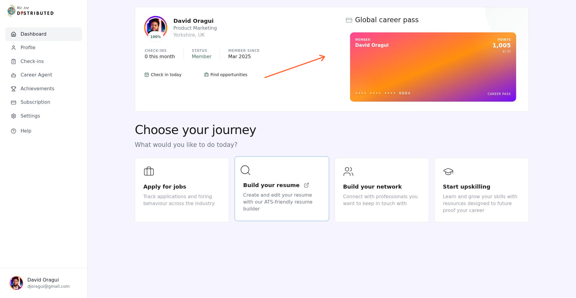 Global career pass panel on home dashboard showing member card with points balance and dollar equivalent