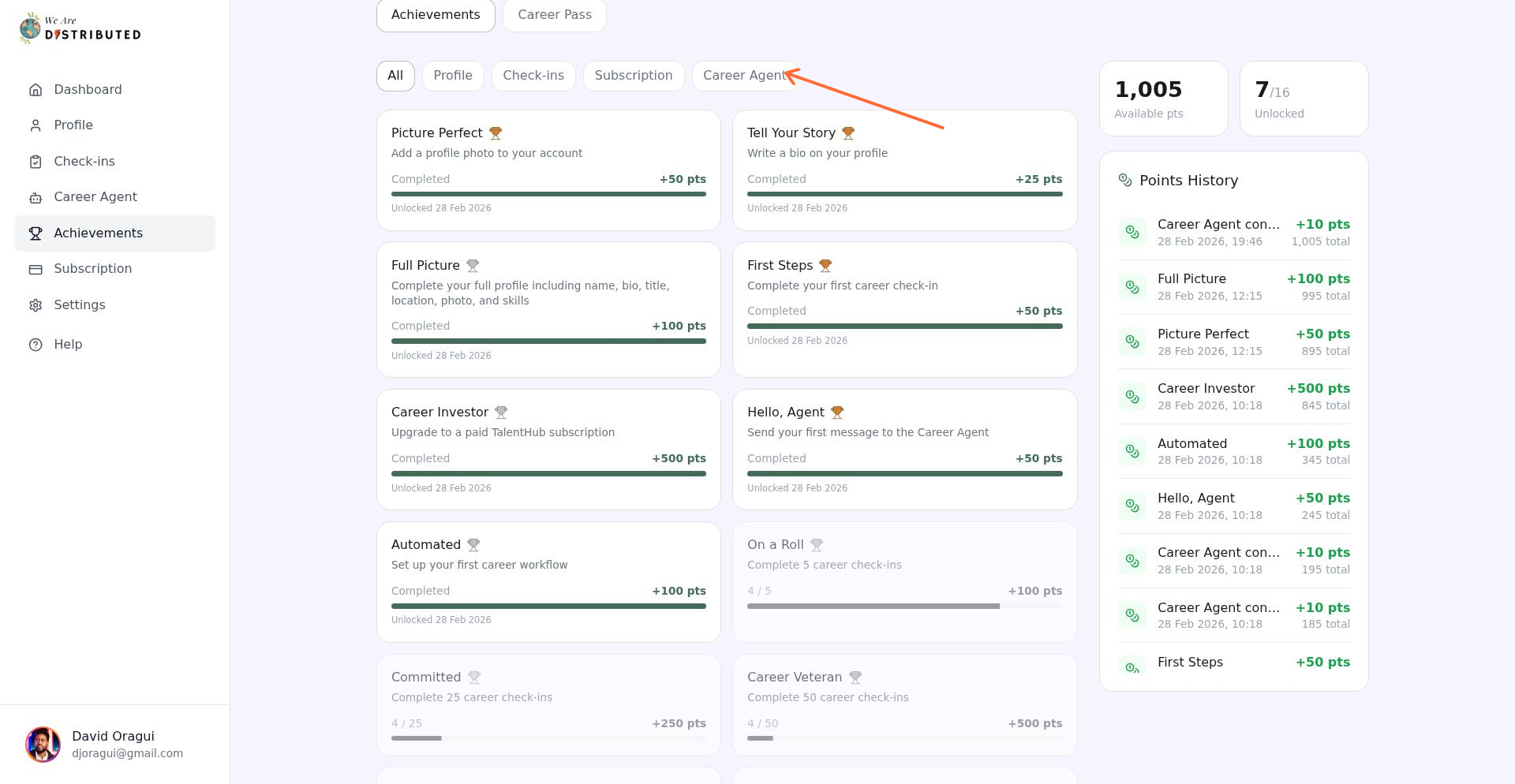 Achievements gallery with filter pills for All, Profile, Check-ins, Subscription, and Career Agent