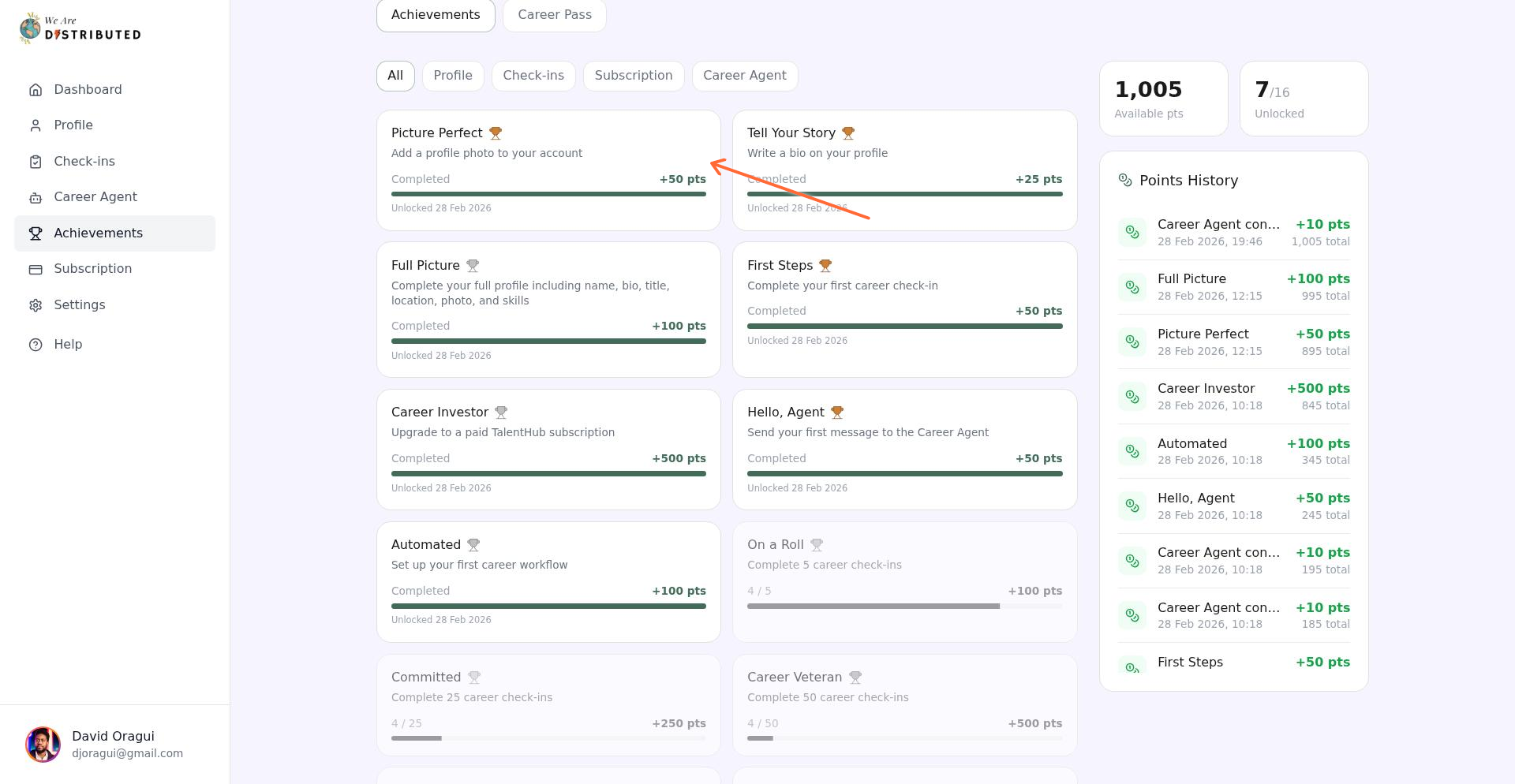 Achievement card showing Picture Perfect achievement with completed status, 50 points reward, and unlock date