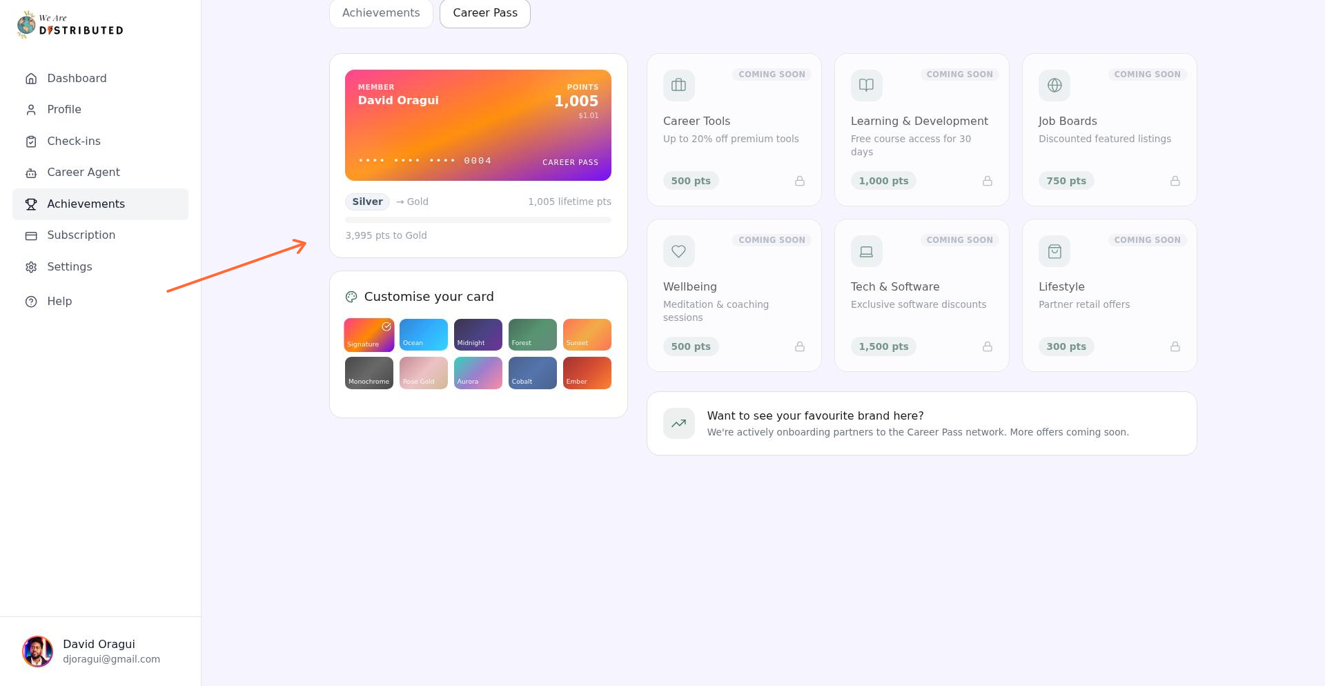 Career Pass tab showing card preview with points balance, tier information, and upcoming rewards