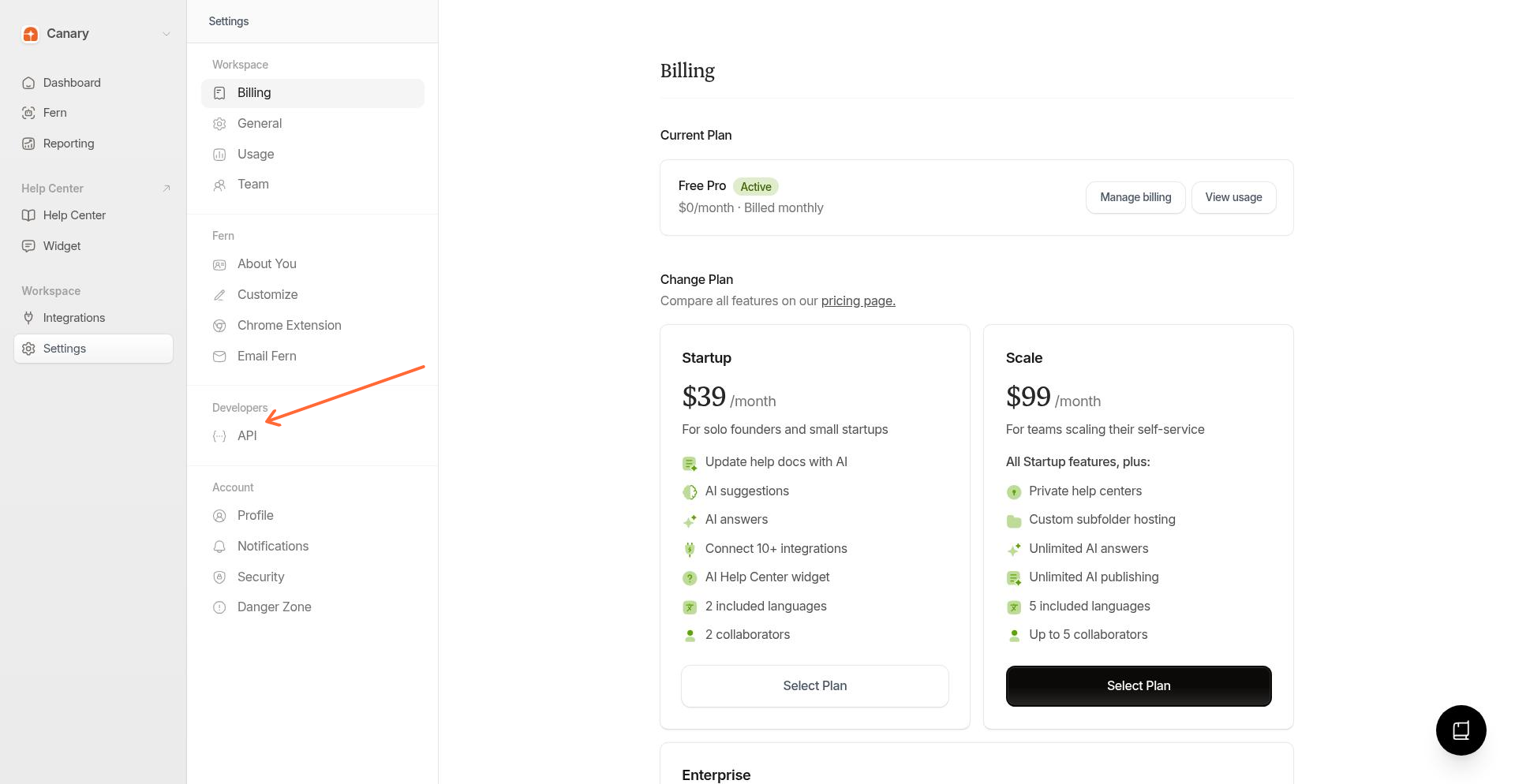 API link in the left sidebar under Developers section