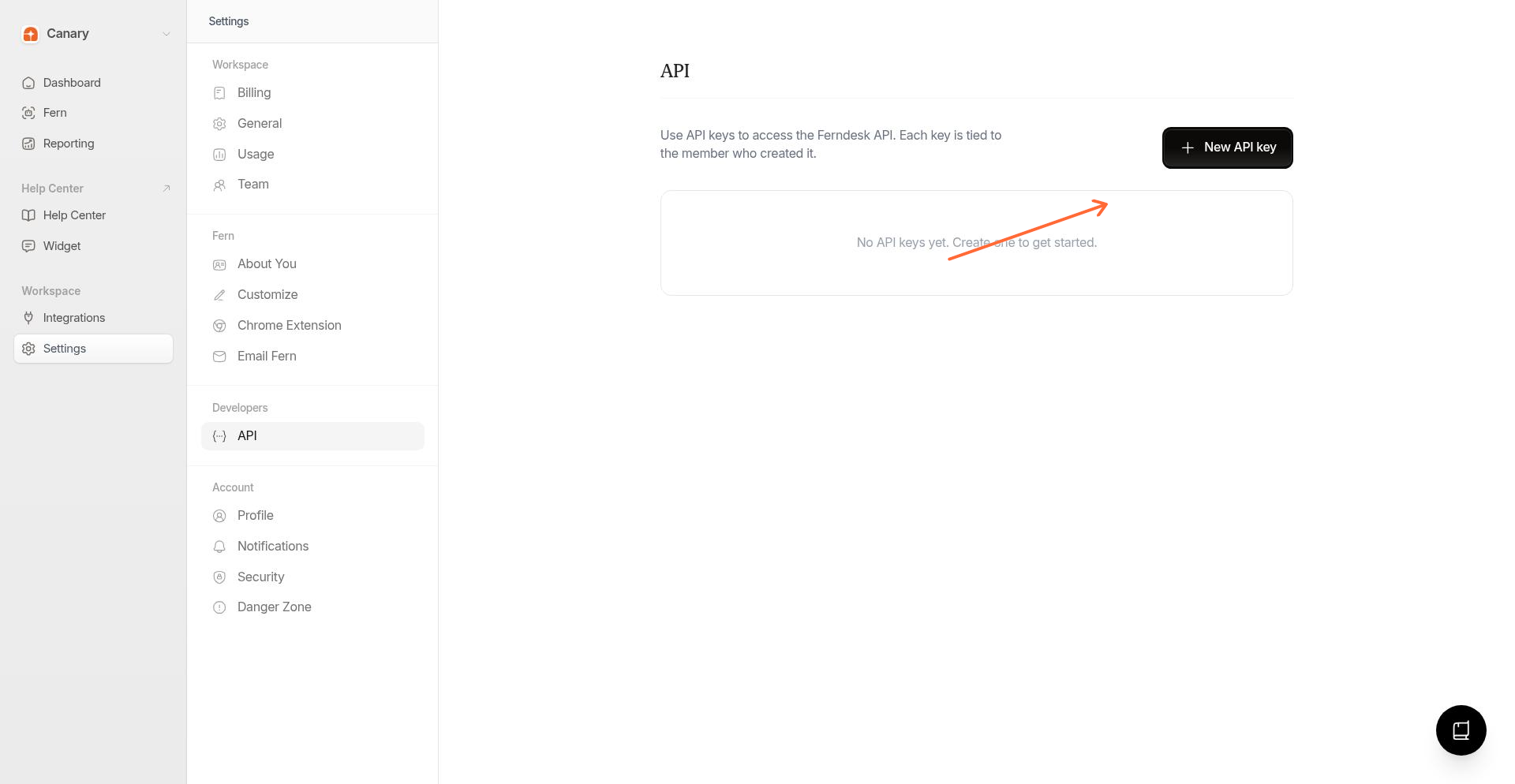 New API key button in the API keys section