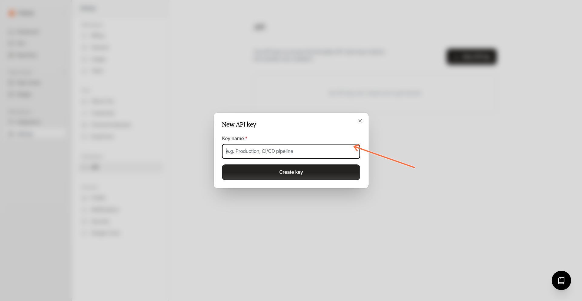 Create API key form with key name field
