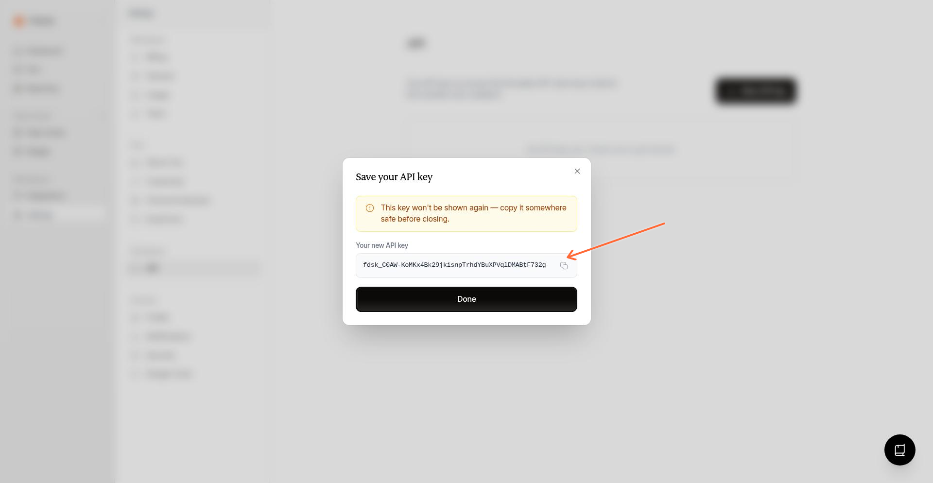 Generated API key with copy button