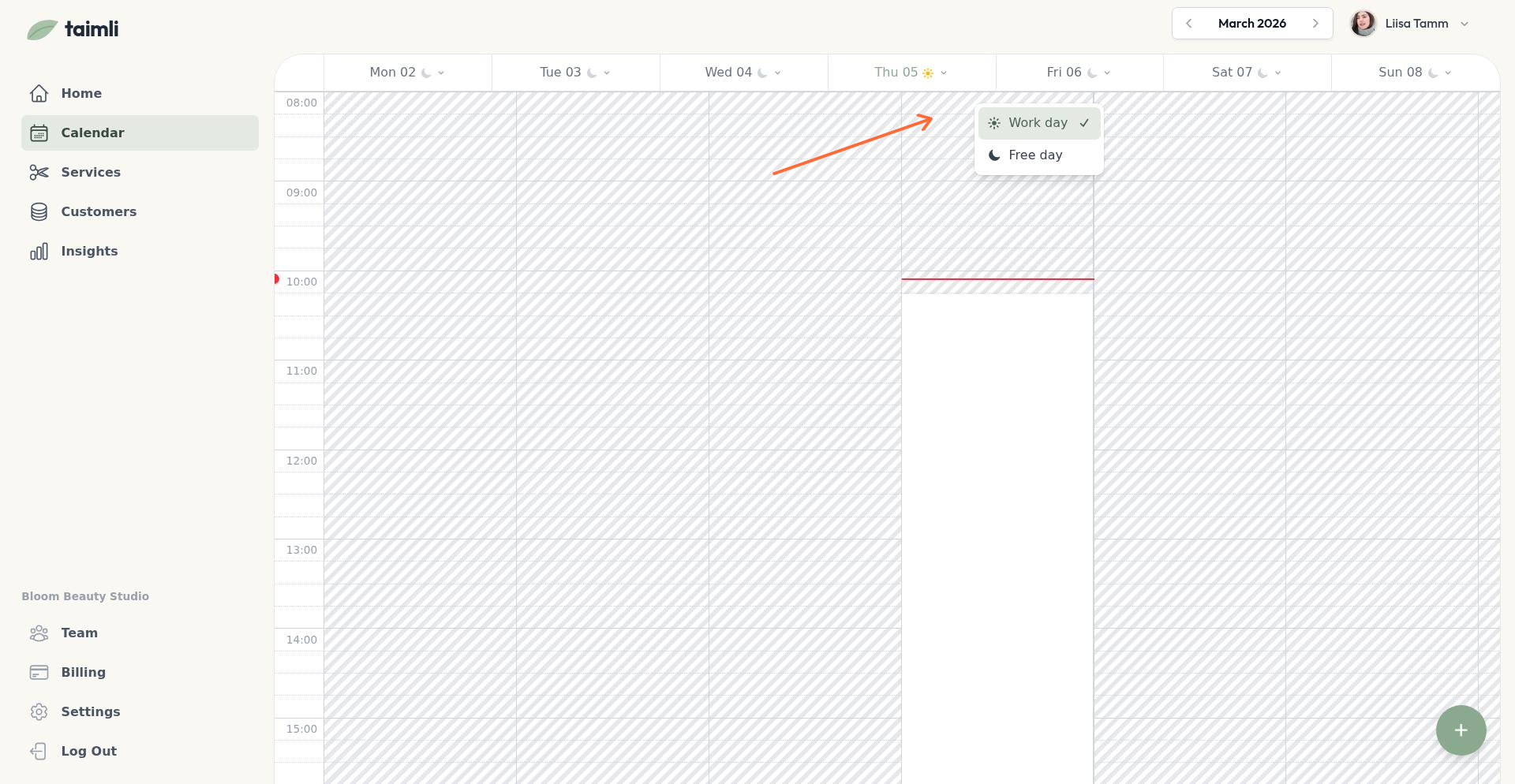 Tööpäeva valik kuupäeva rippmenüüs