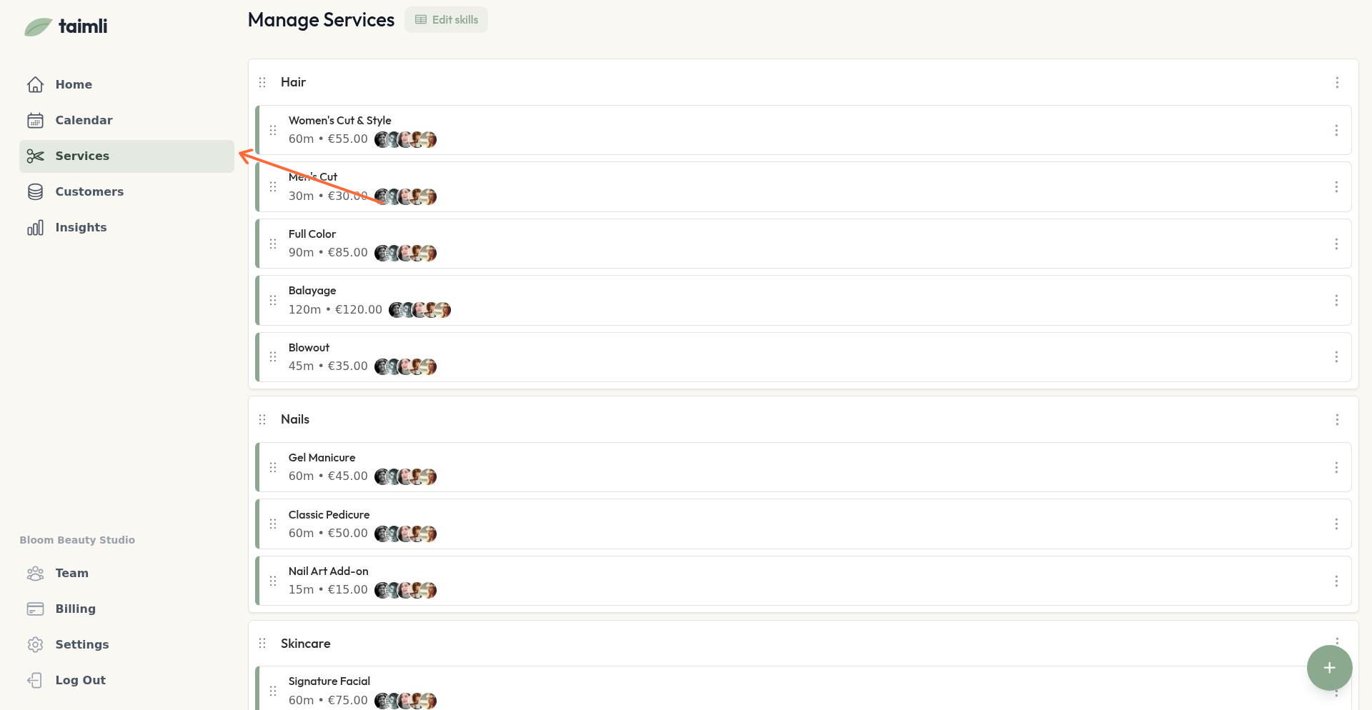 Teenuste menüüpunkt külgribal