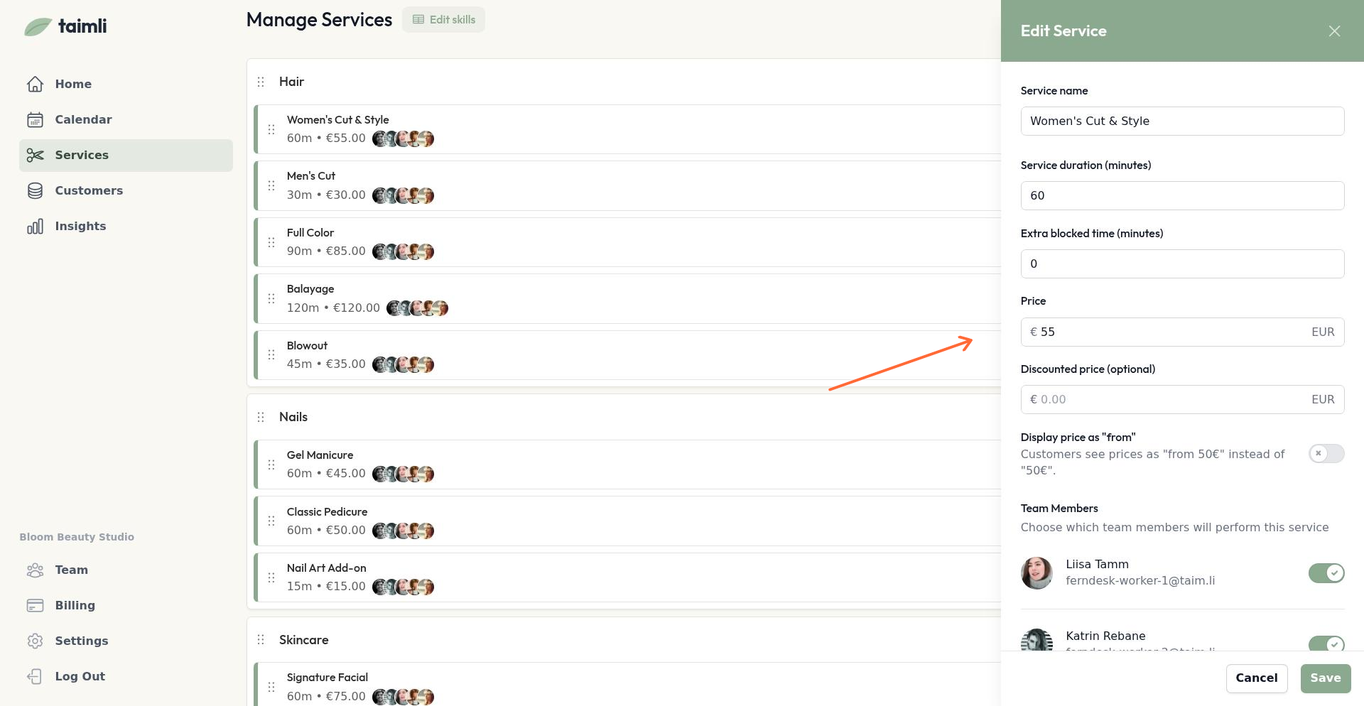 Teenuse seadete paneel koos kõigi konfigureerimisvalikutega