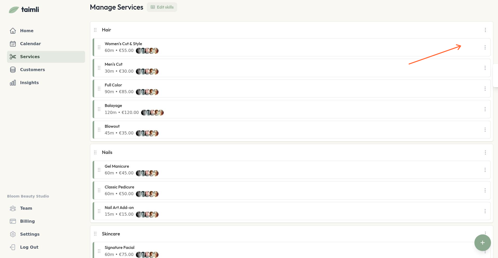 Teenuse kolme täpiga menüü koos kustutamisvalikuga