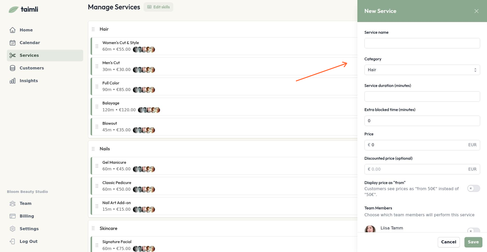 Kategooria valik uue teenuse vormil