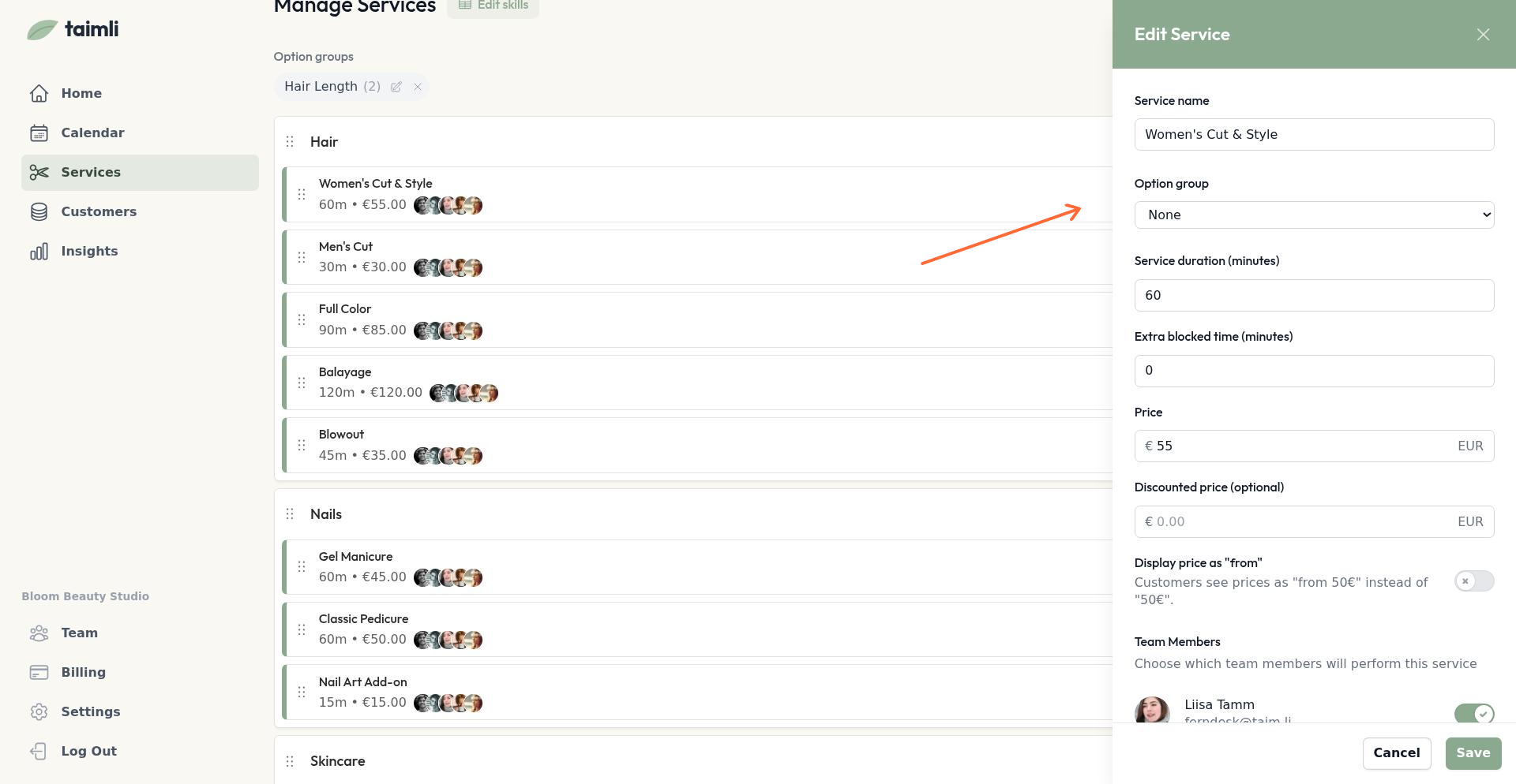 Valikugruppide rippmenüü, mis näitab saadavalolevaid gruppe