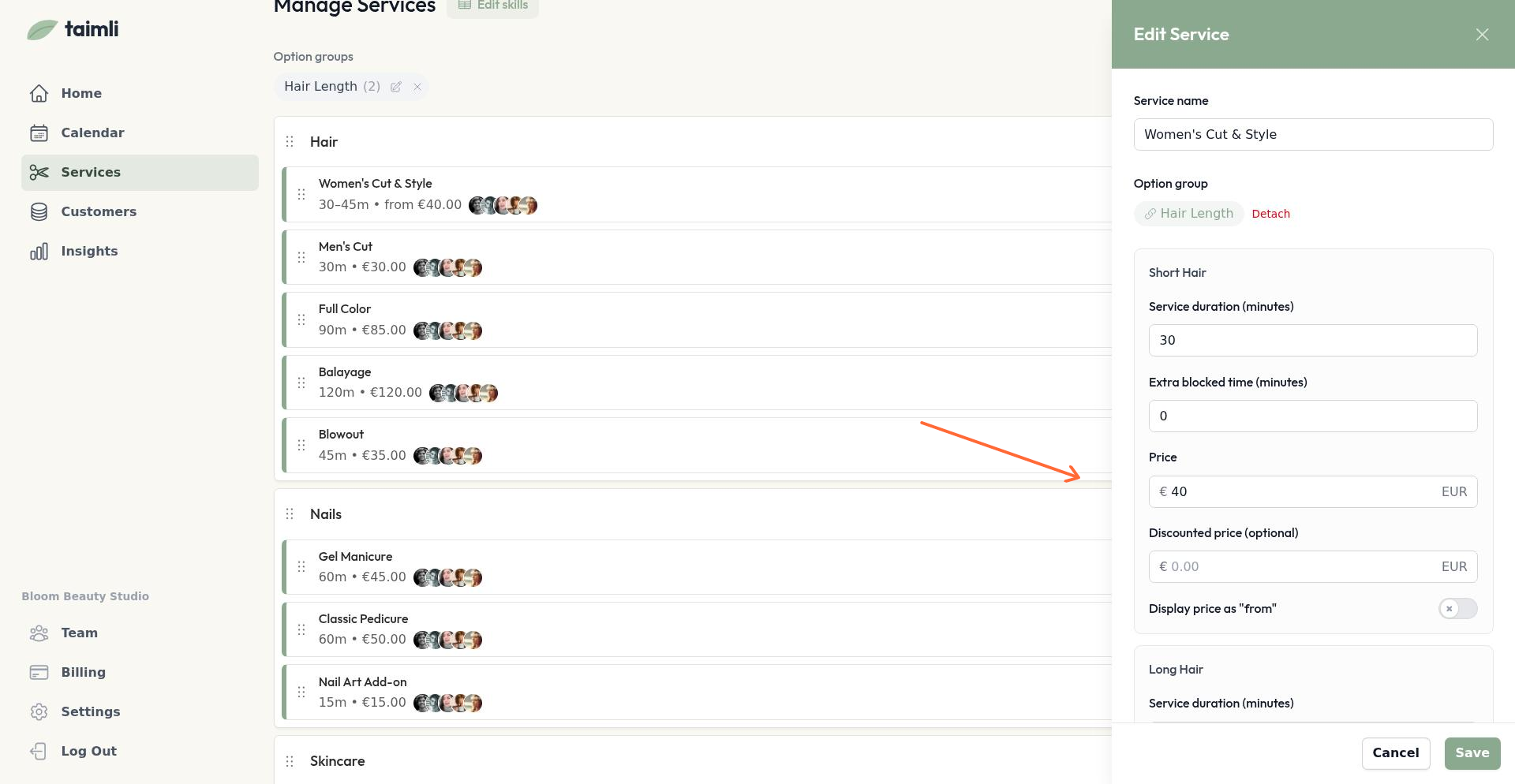 Variantidega konfigureeritud teenus - erinevad hinnad ja kestused iga valiku jaoks