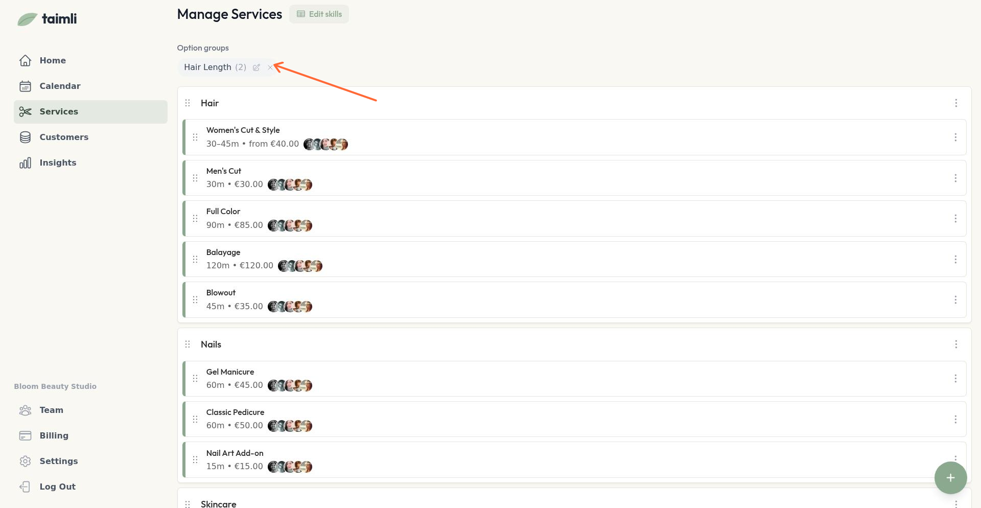 Valikugruppide loend koos muutmise ja kustutamise nuppudega