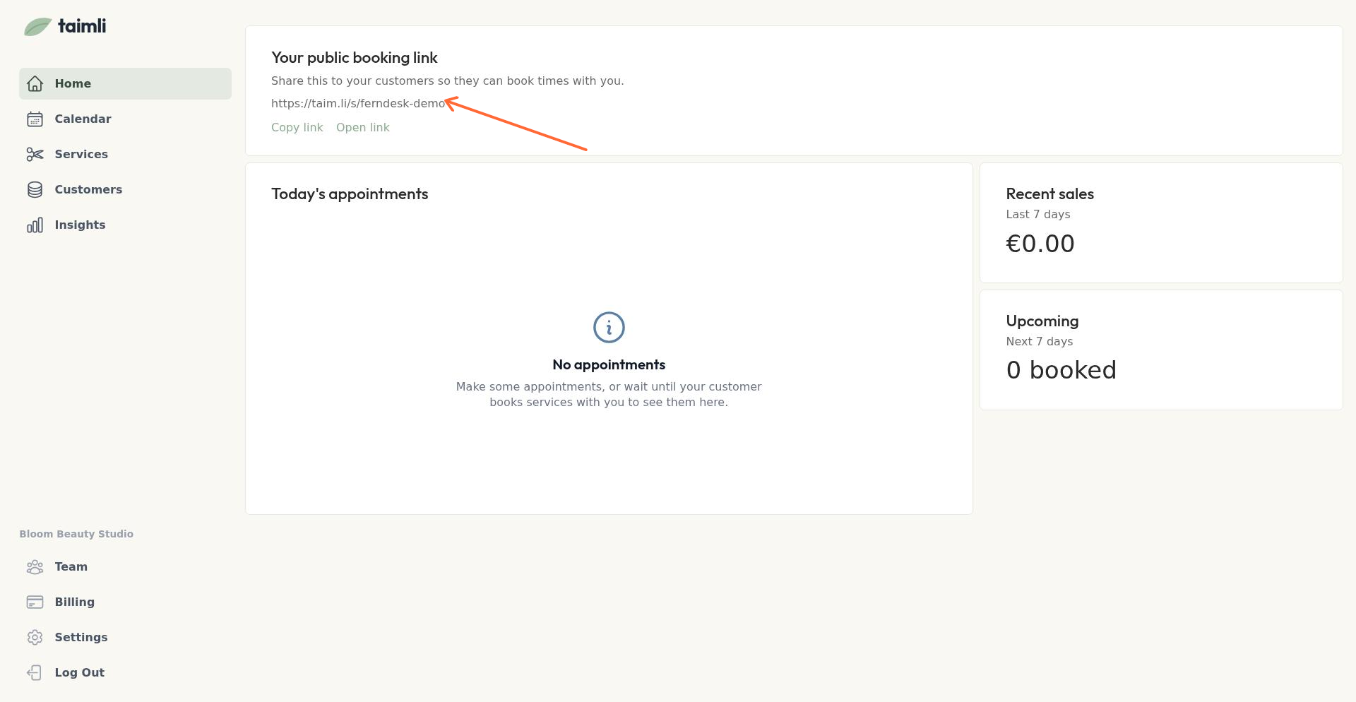 Taimli dashboard showing the public booking link with copy and open buttons