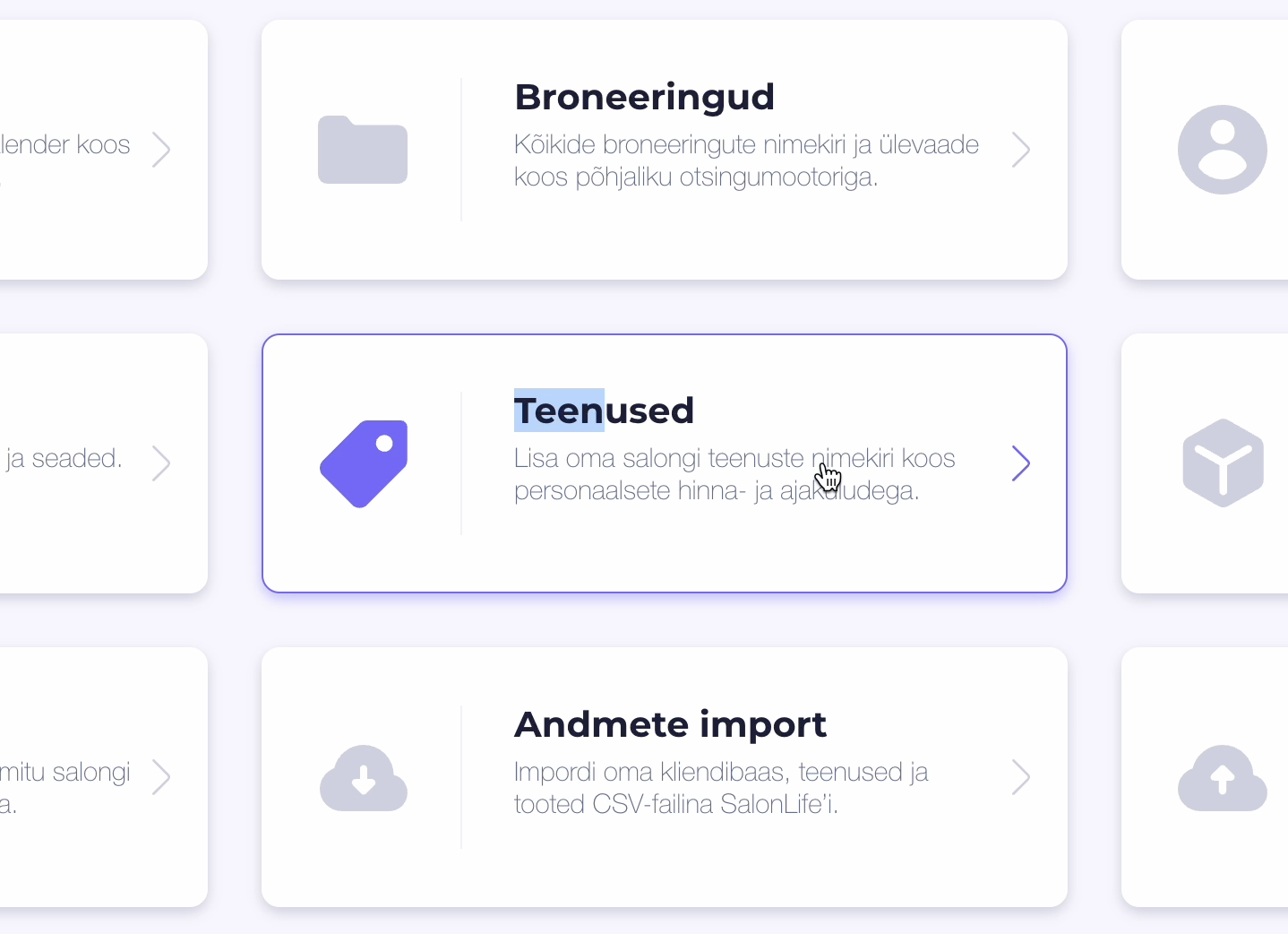 SalonLife'i töölaud, kus on esile tõstetud teenuste kaart
