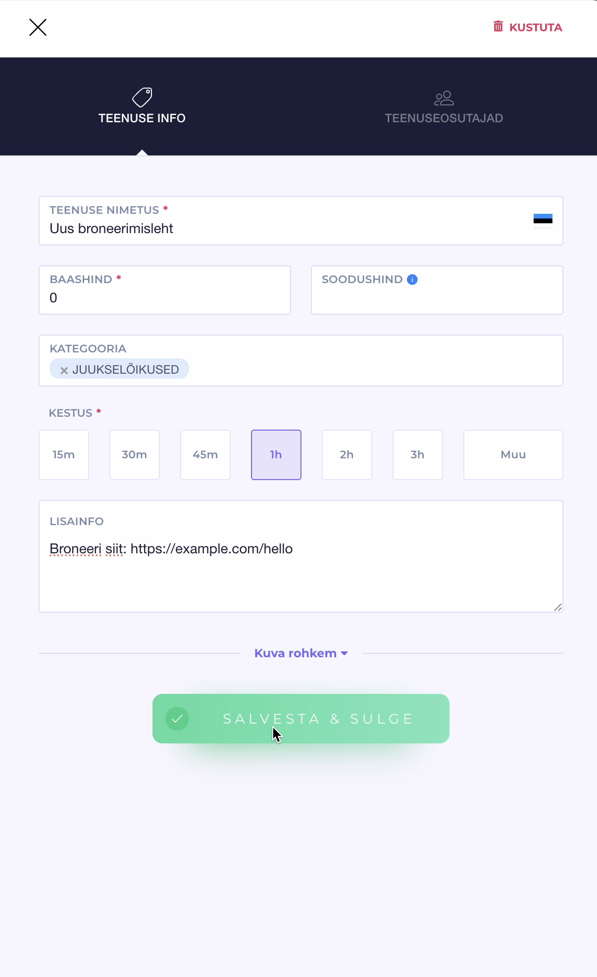 Teenuse loomise vorm, kus on täidetud ümbersuunamise teenuse andmed