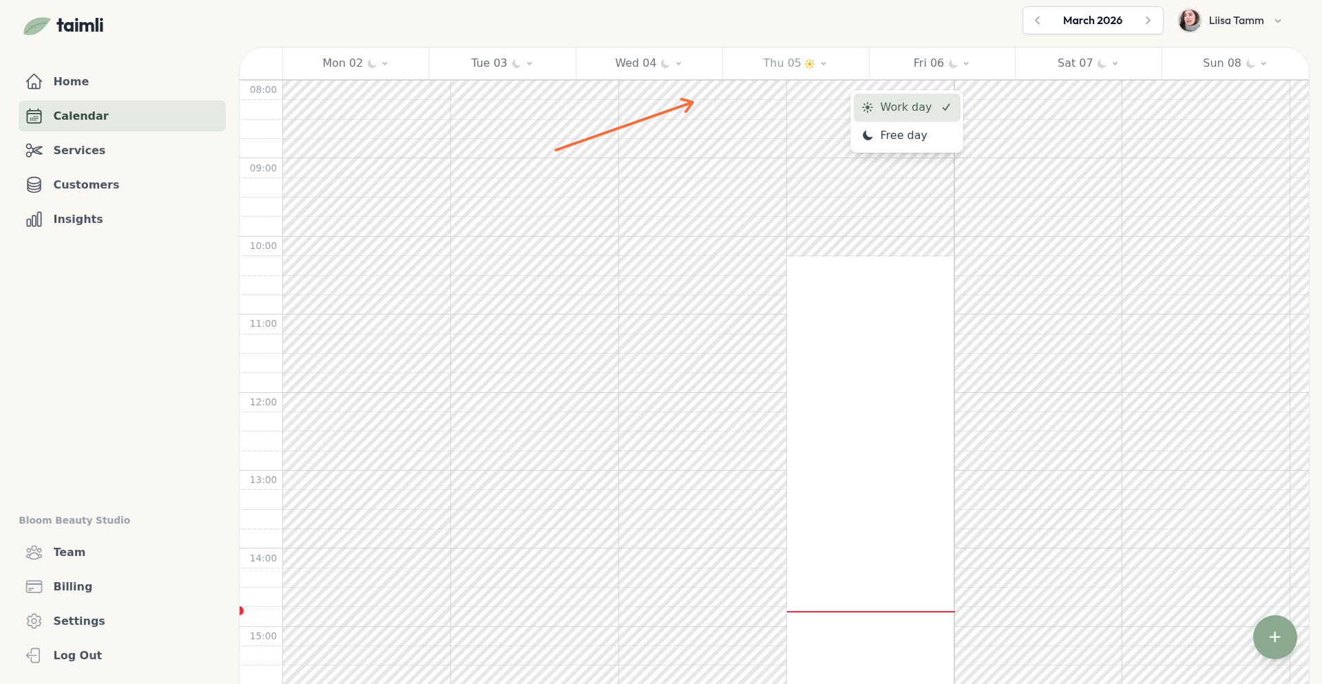 Kuupäeva päise klõpsamine päeva valikute avamiseks