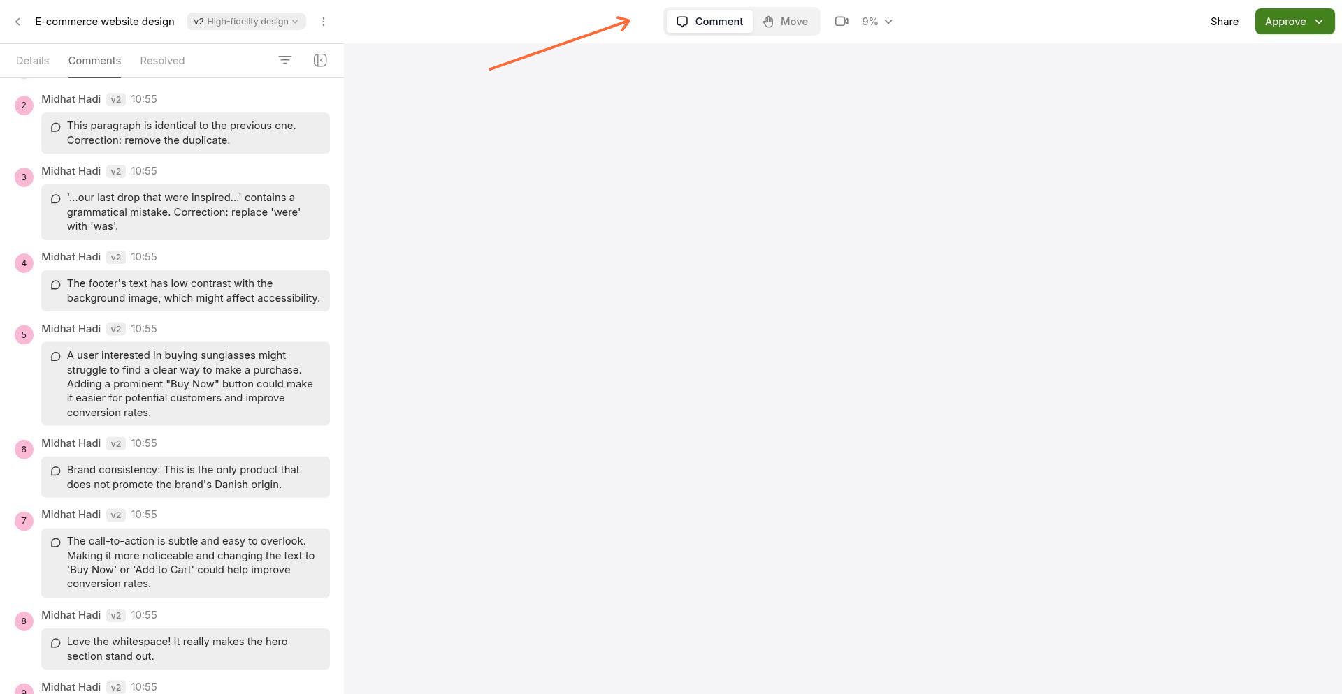 Guided tour highlighting the Comment tab in the top navigation