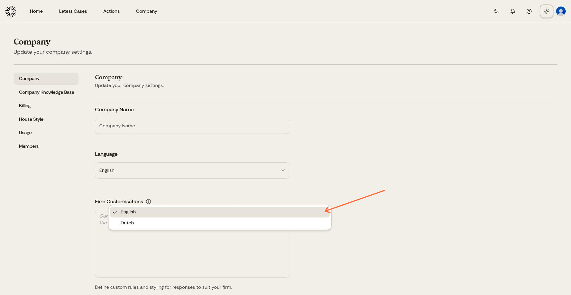 Language dropdown showing English and Dutch options