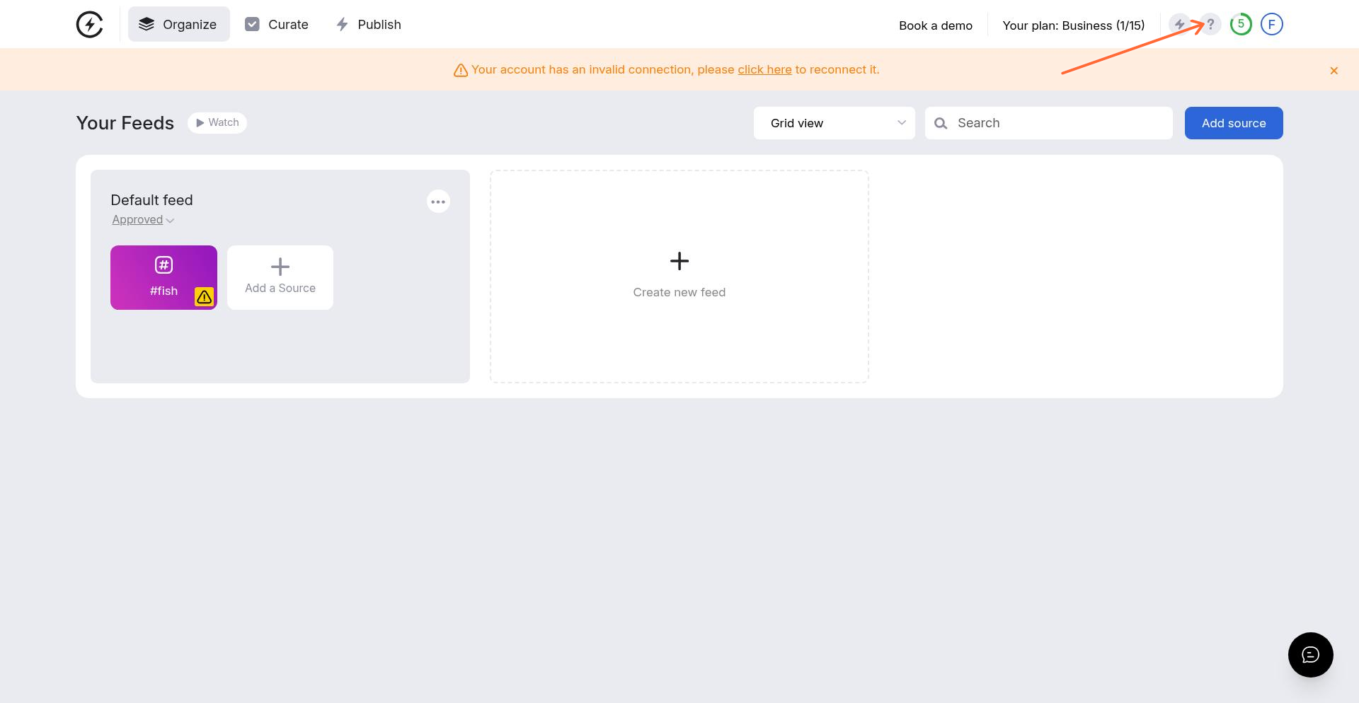Profile avatar menu in the top-right corner of the Curator dashboard