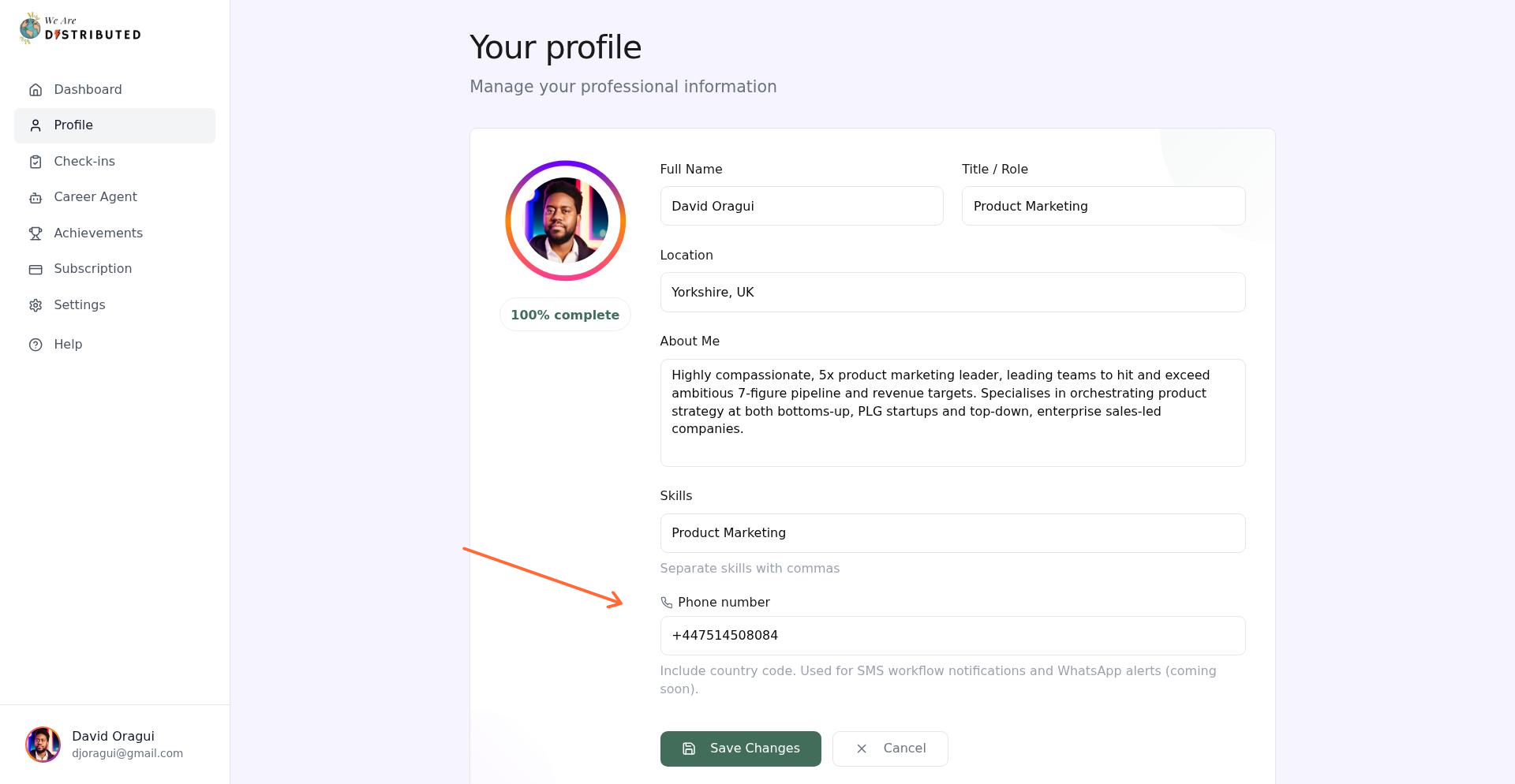 Phone number field in profile settings showing where to add your number for SMS notifications