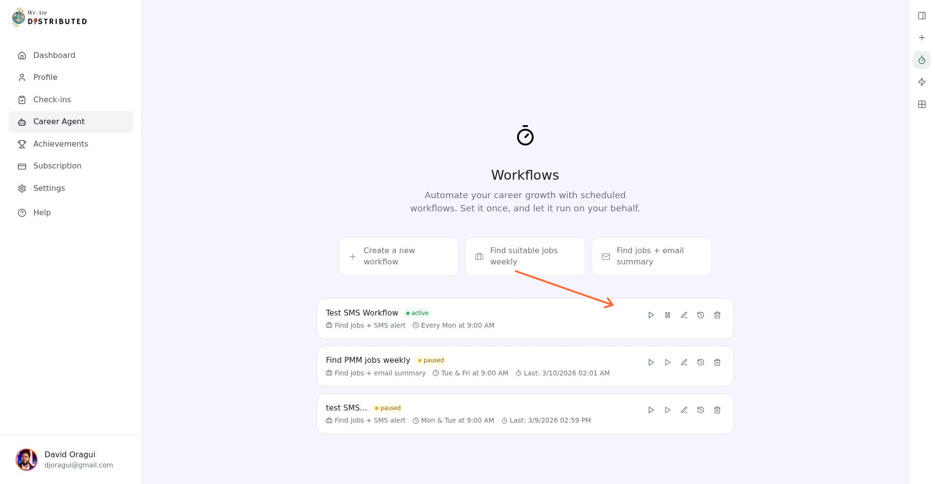 Active workflow controls showing run now and pause buttons
