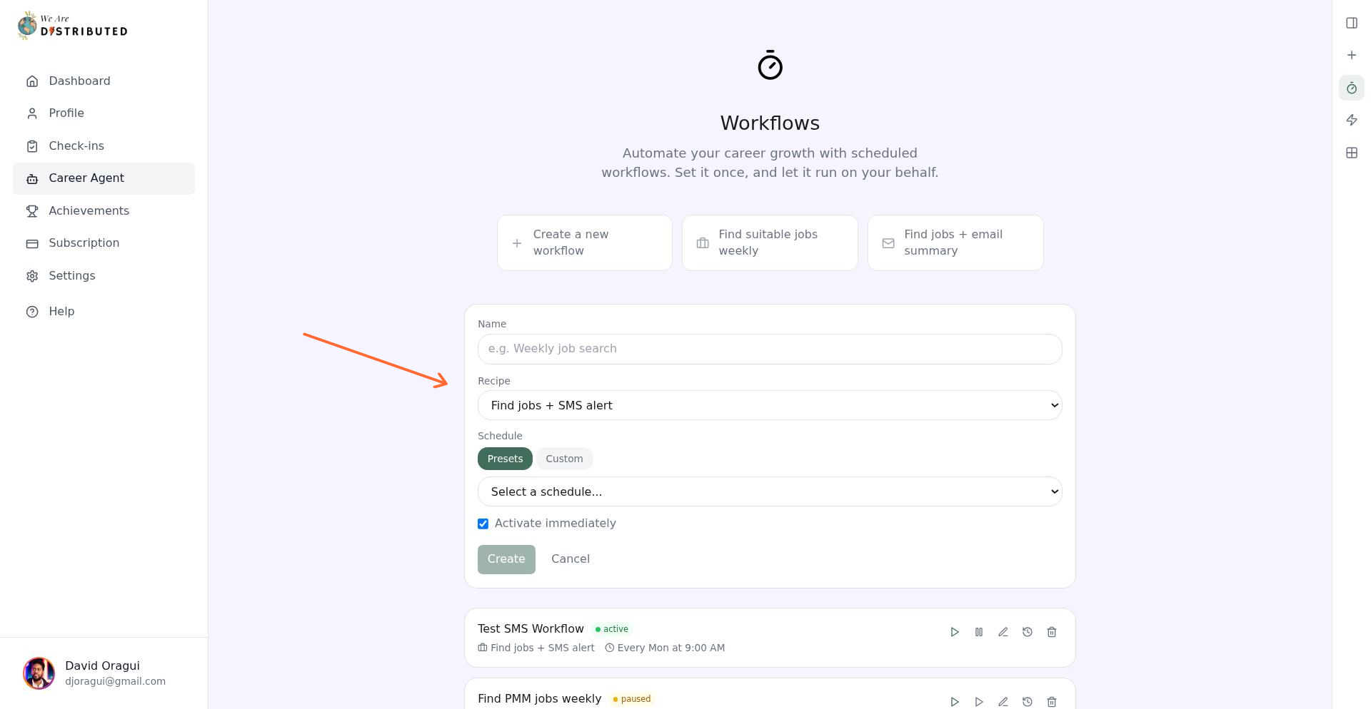 Workflow creation form with Find jobs + SMS alert recipe selected