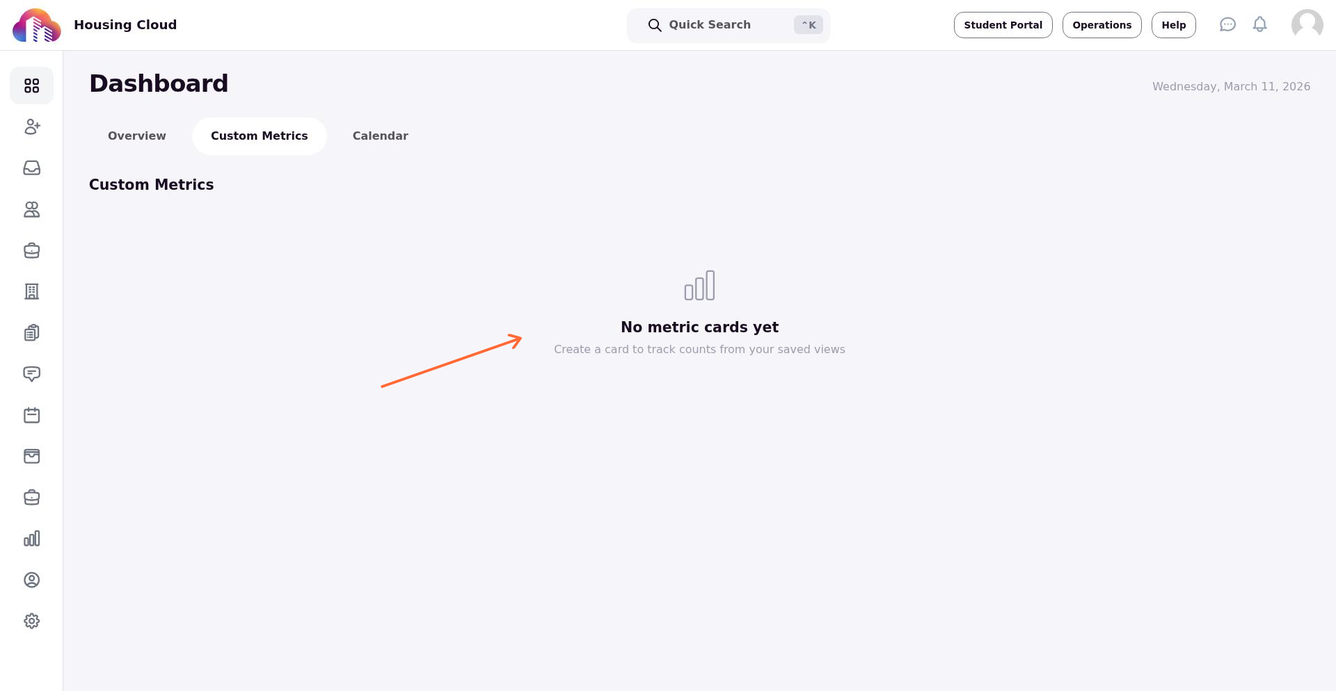 Empty state showing 'Create a card to track counts from your saved views' message