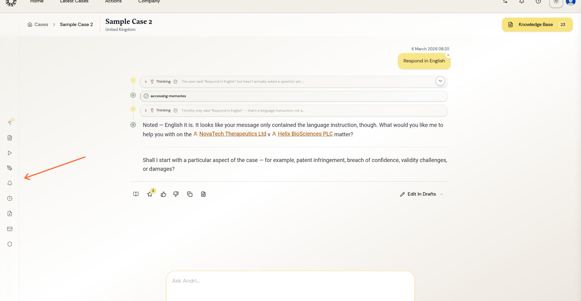 Case left sidebar menu with Simulate option highlighted