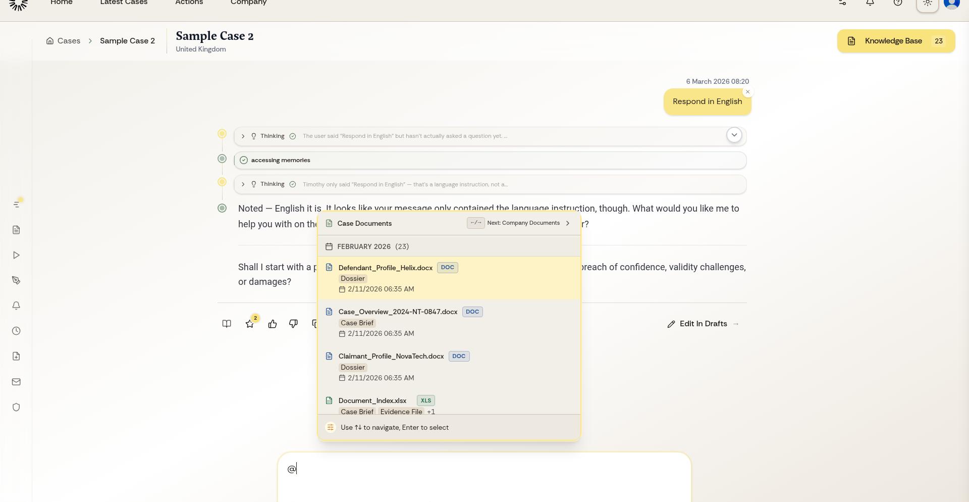 @ mention menu showing available documents and actions