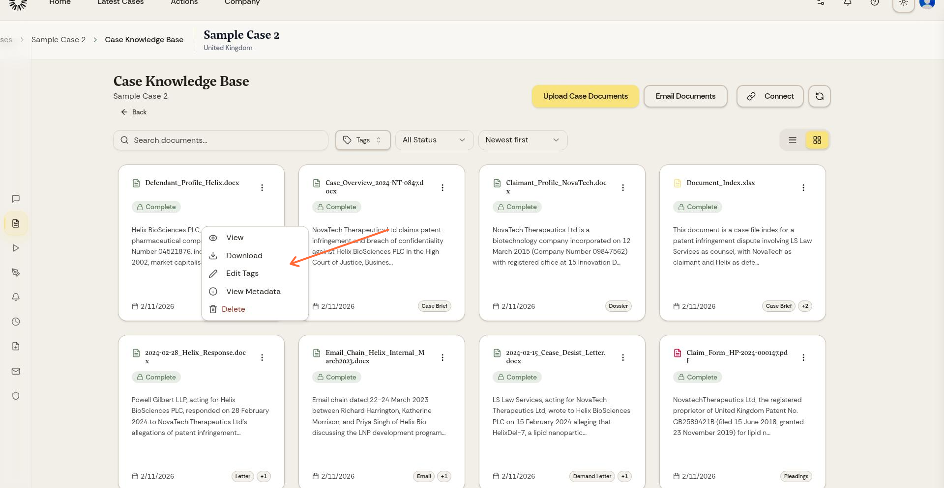 Document actions dropdown showing Edit Tags option
