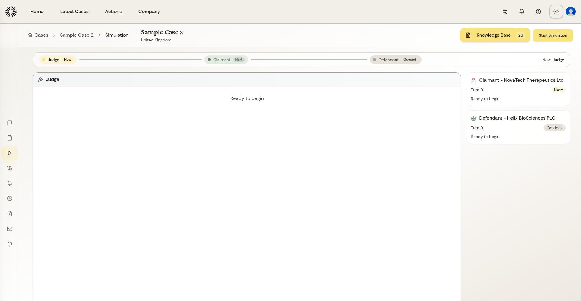 Court simulation interface showing the beginning of a simulation