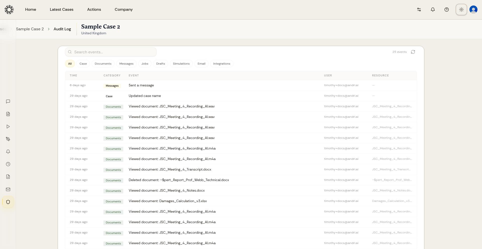 Audit Trail view showing detailed action logs