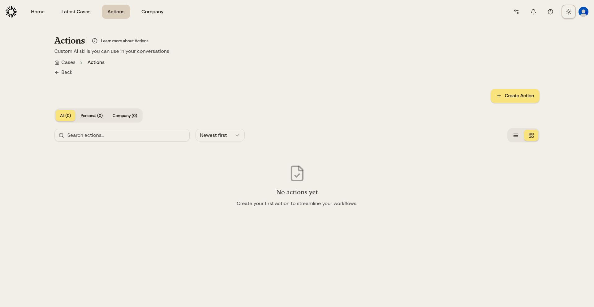 Actions dashboard showing list of available Actions